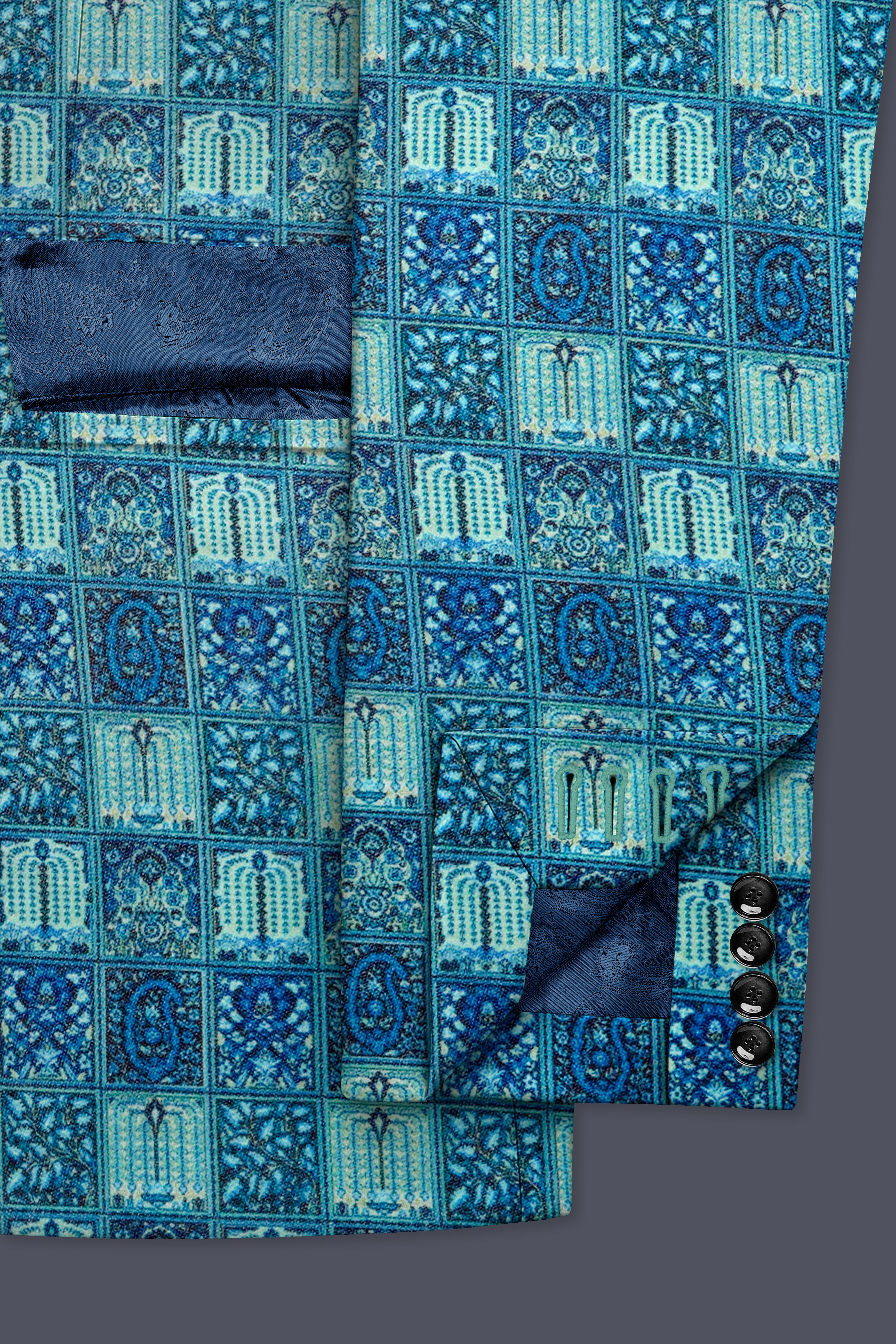 Mosaivoro-Caribbean Blue Geometric Mosaic Printed Wool Rich Single Breasted Blazer