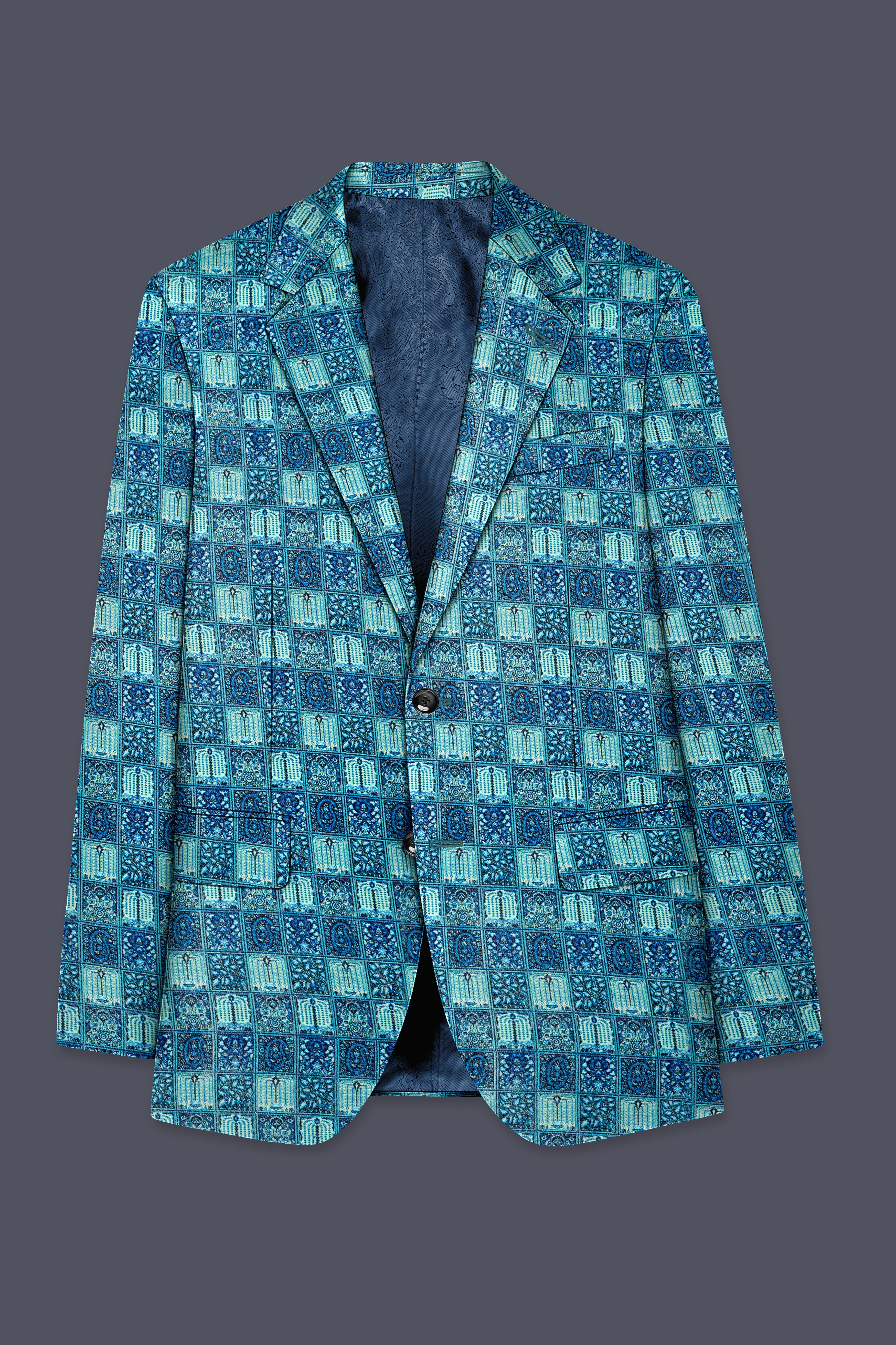 Mosaivoro-Caribbean Blue Geometric Mosaic Printed Wool Rich Single Breasted Blazer