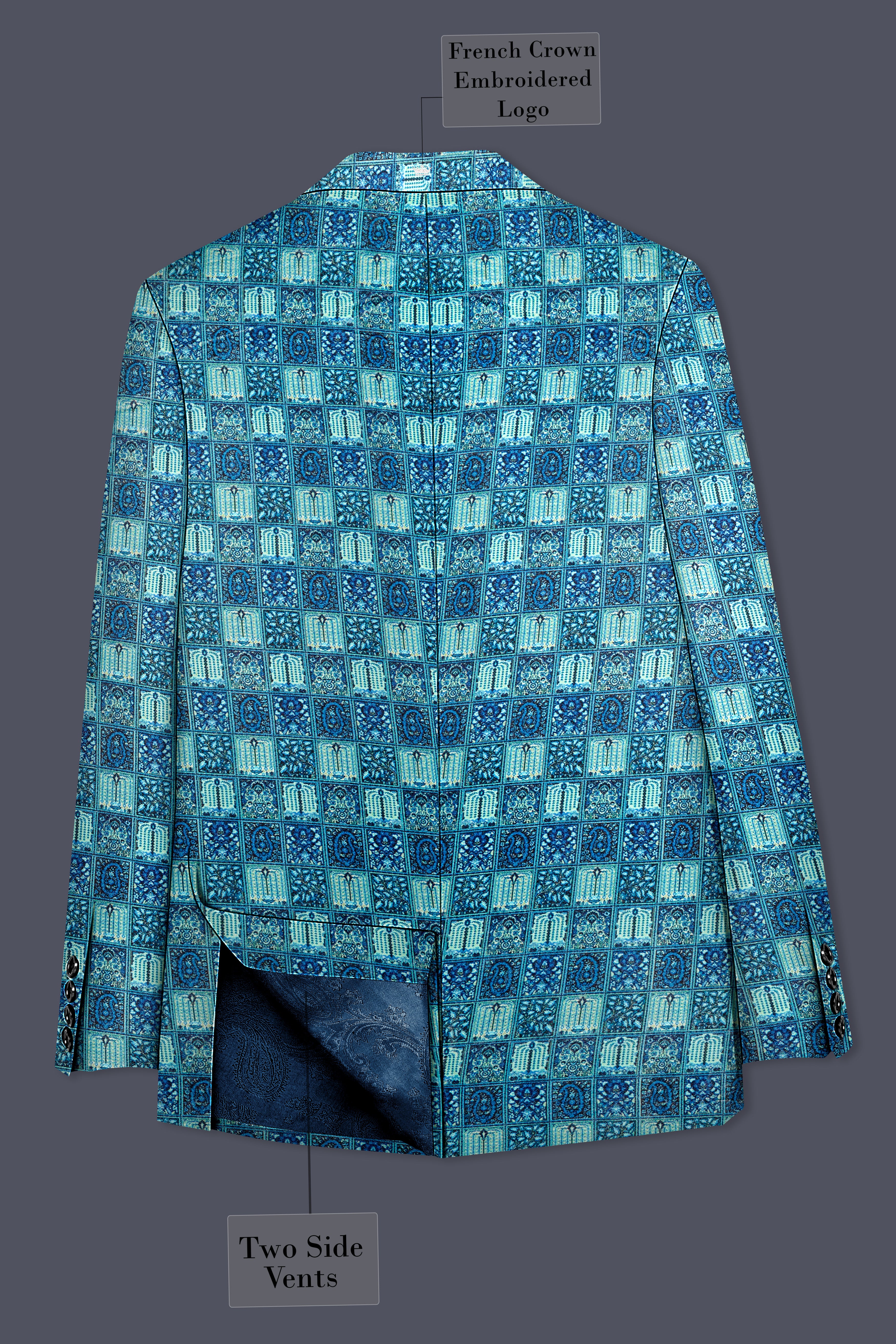 Mosaivoro-Caribbean Blue Geometric Mosaic Printed Wool Rich Single Breasted Blazer