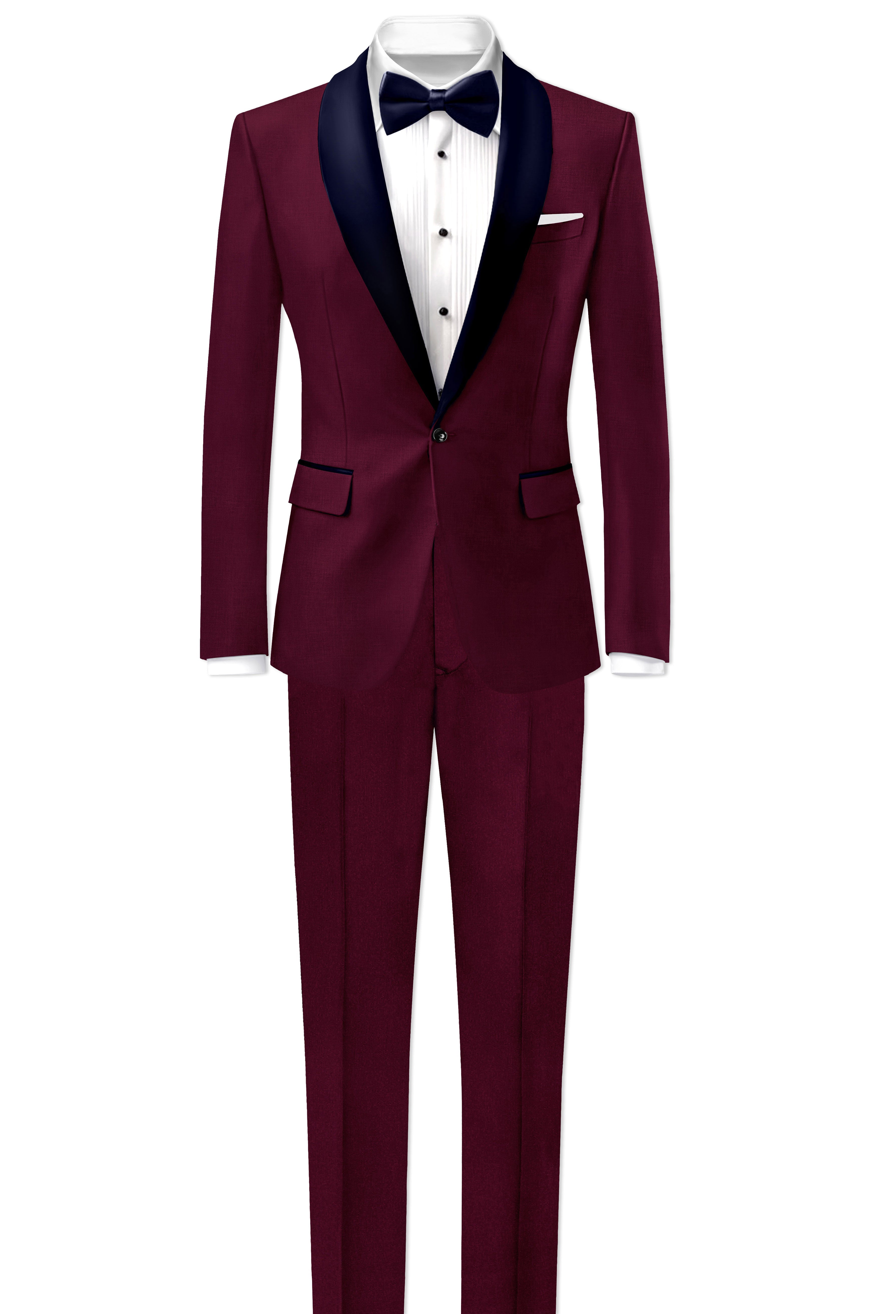 Regal Maroon-Tamarind With Blue Lepal Solid Wool Rich Tuxedo Blazer