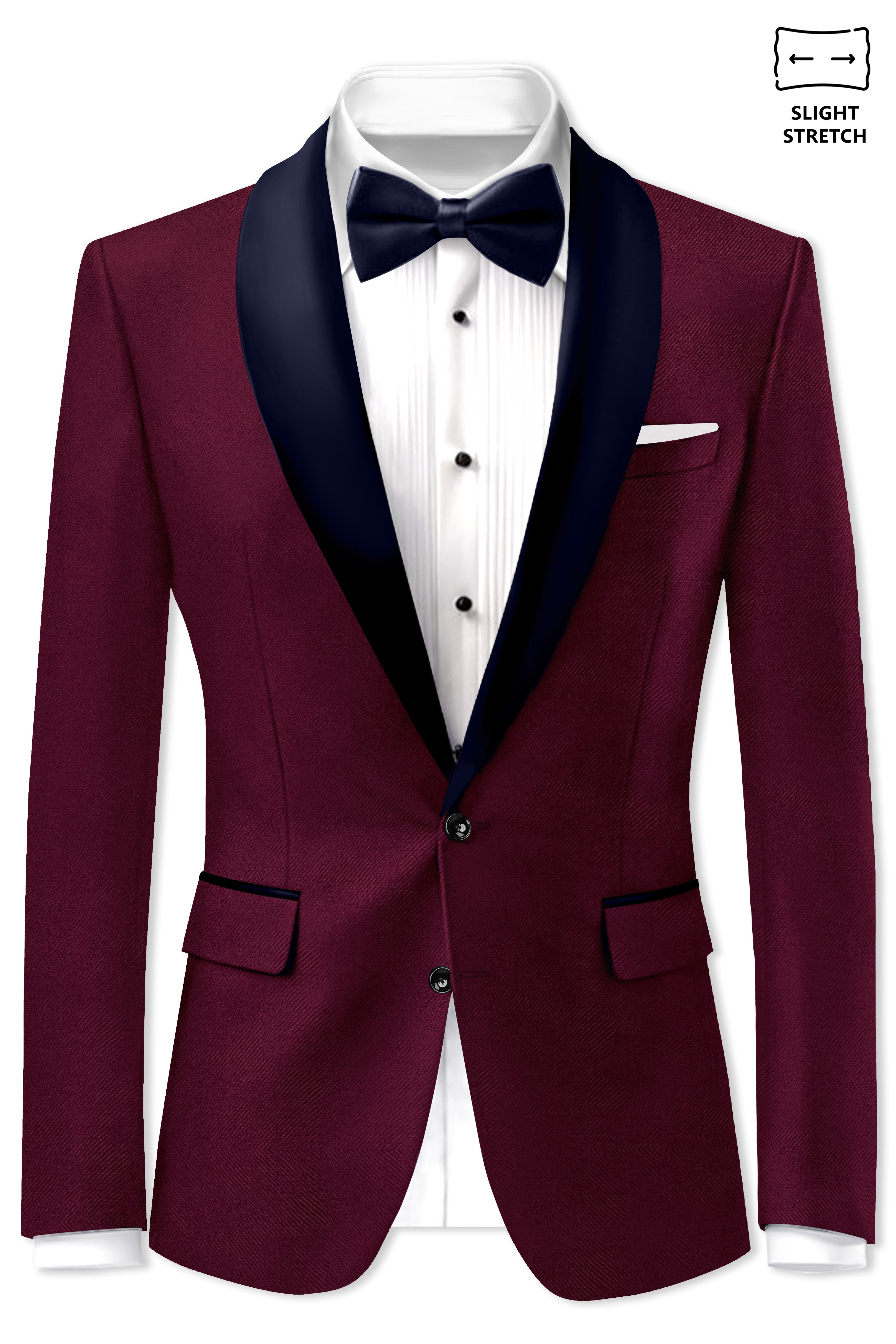 Regal Maroon-Tamarind With Blue Lepal Solid Wool Rich Tuxedo Blazer