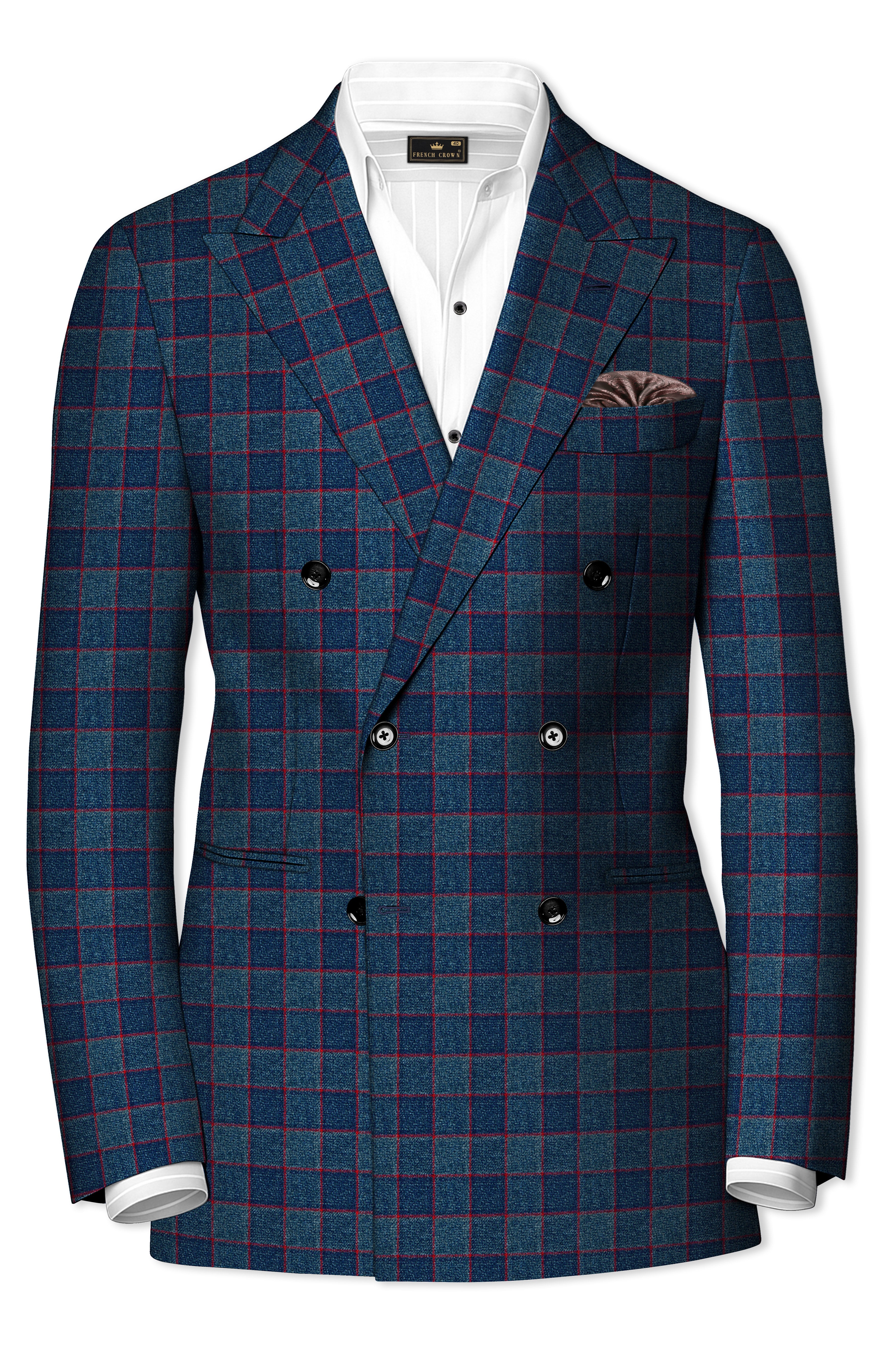 Panevoro-Vintage Blue Windowpane Premium Cotton Double Breasted Blazer