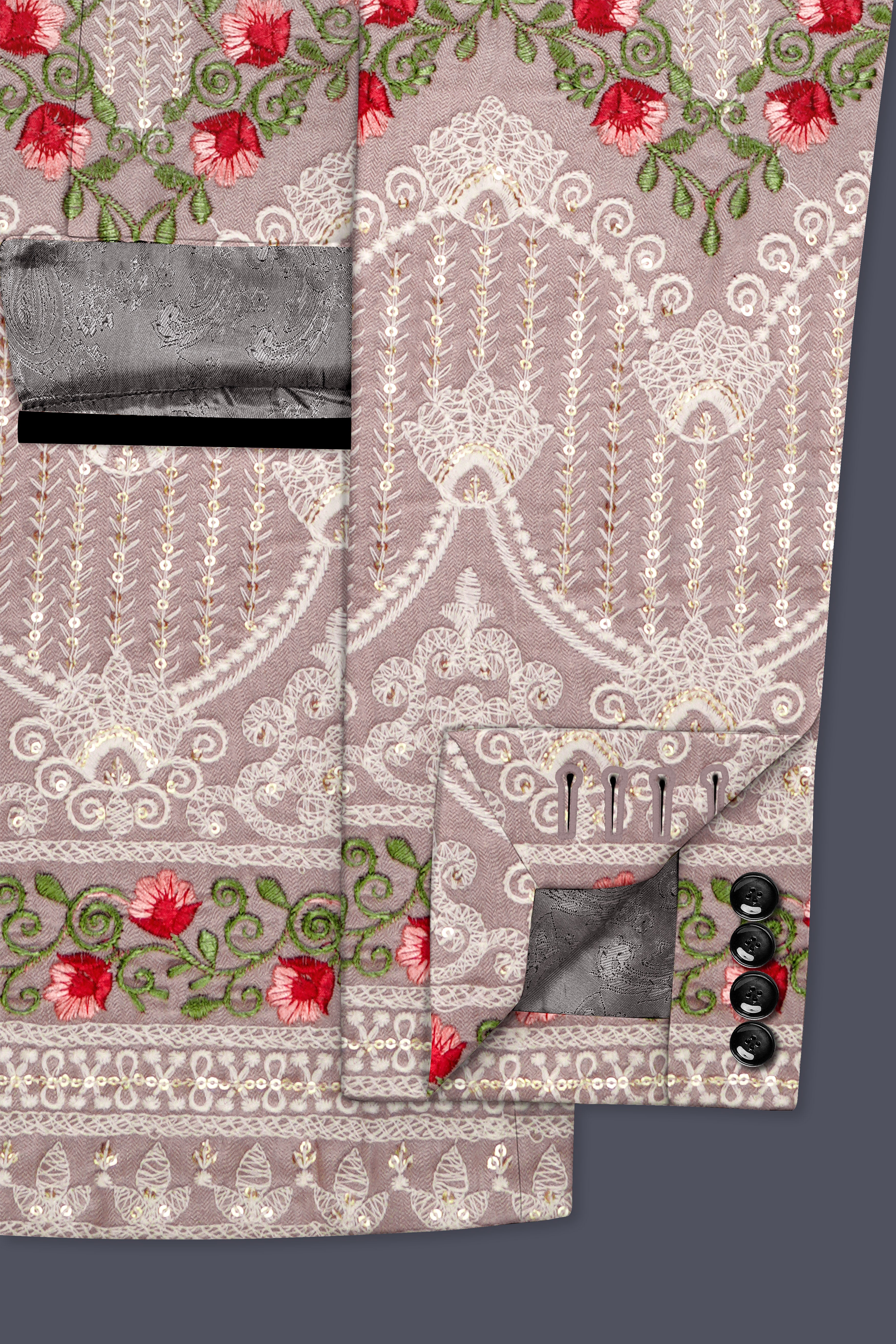 Luminza-Martini Cream Merlot Red Multicolour Thread and Sequin Embroidered Designer Peak Lapel Tuxedo Blazer