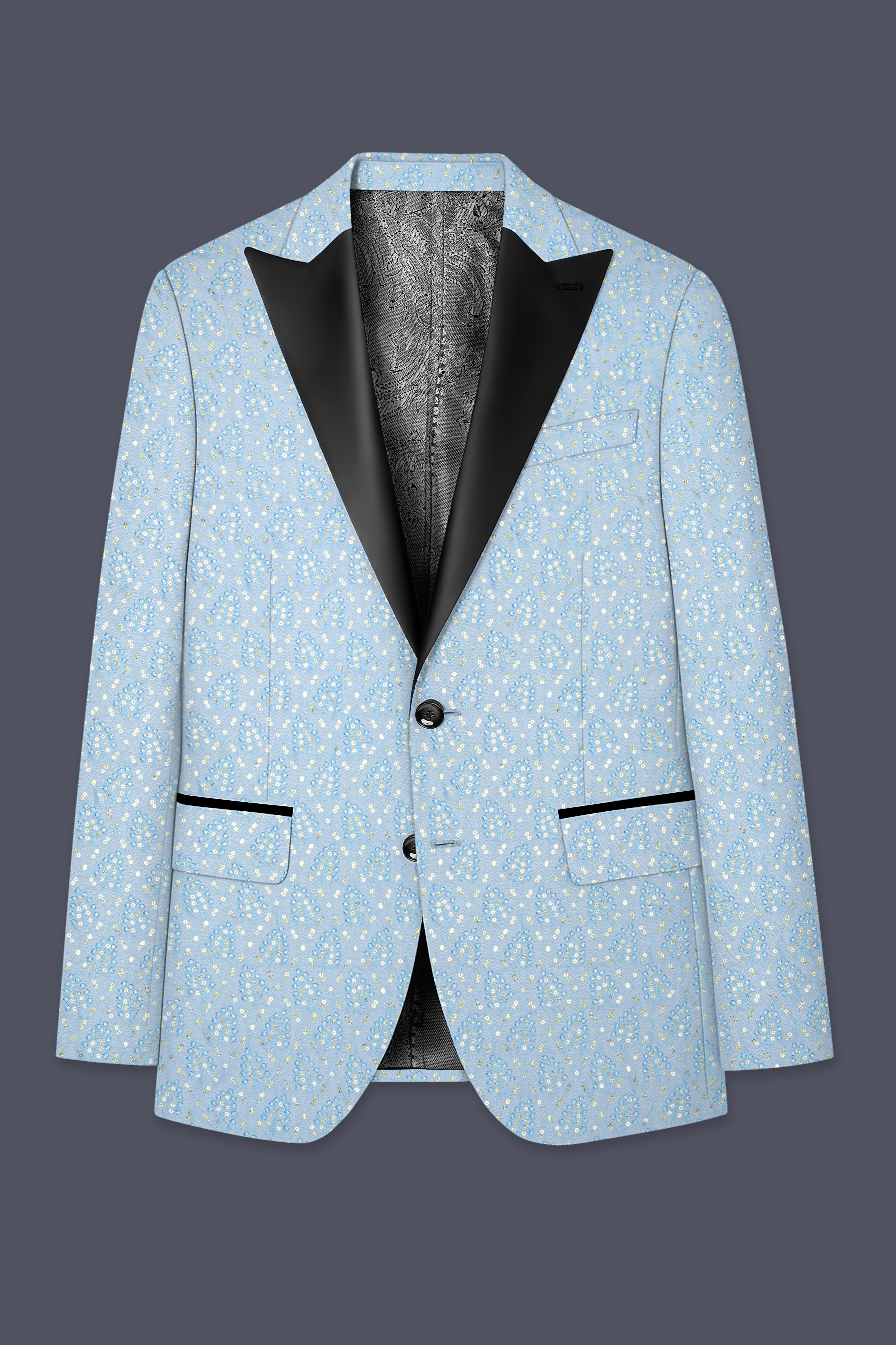 Azurora-Carolina Blue Thread and Sequin Embroidered Designer Peak Lapel Tuxedo Blazer