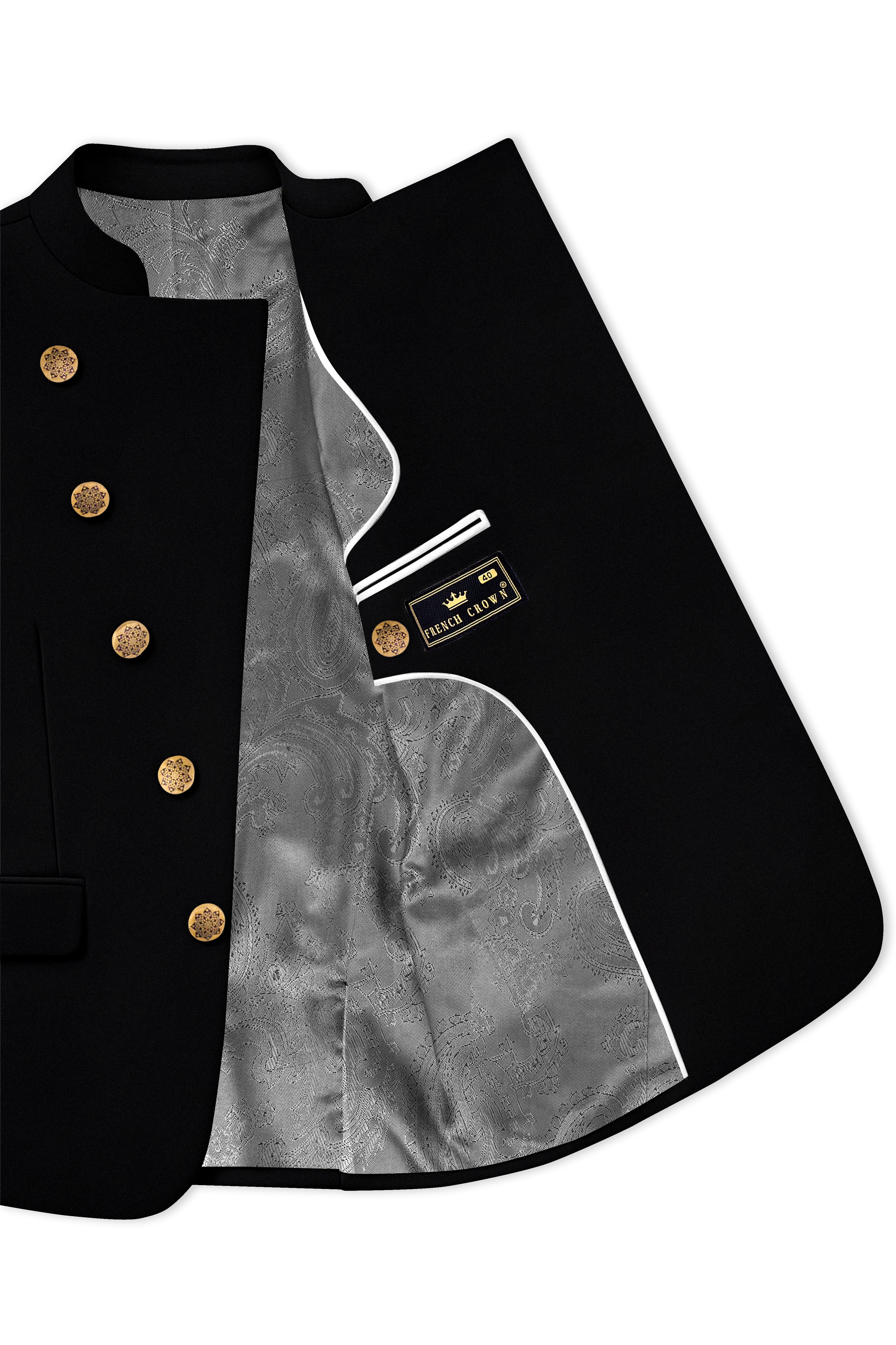 Kuro-Japanese Black 4-Way Stretch Wrinkle-Free Fluid Drape Fabric Cross Placket Bandhgala Blazer