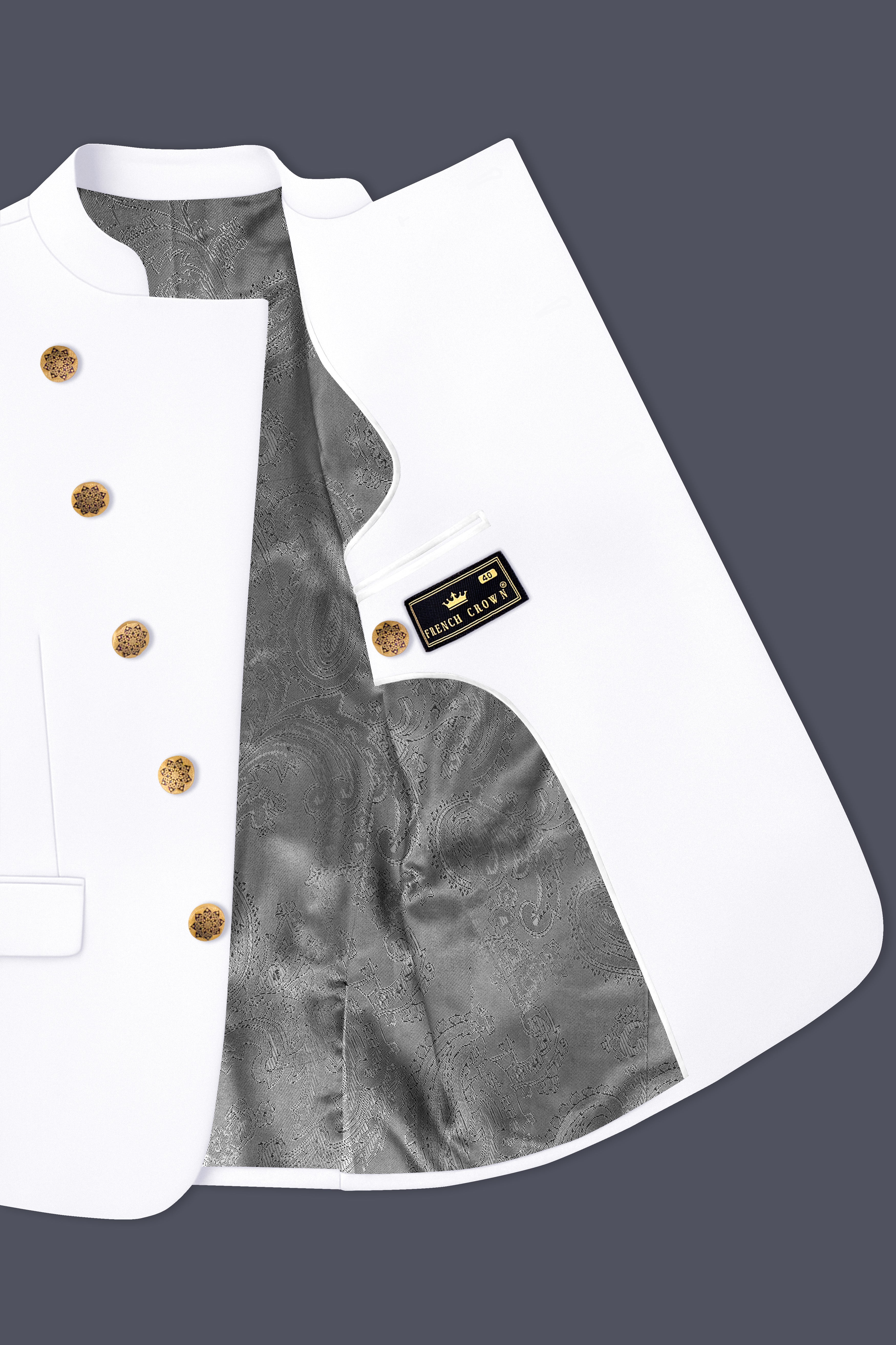 Shiro-Japanese Bright White 4-Way Stretch Wrinkle-Free Wool Rich Cross Placket Bandhgala Blazer