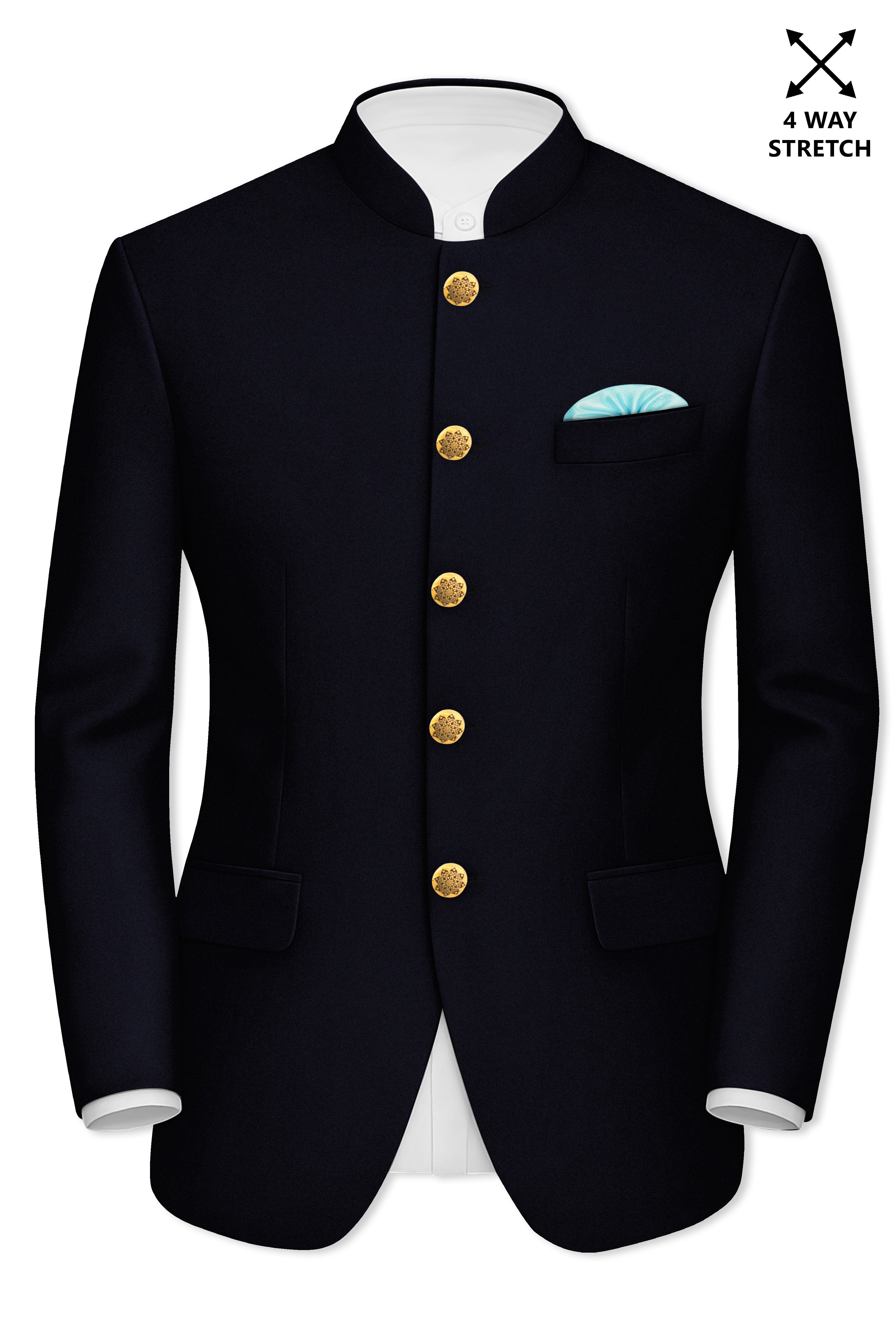 Aozora-Japanese Marine Blue 4-Way Stretch Wrinkle-Free Wool Rich Bandhgala Blazer