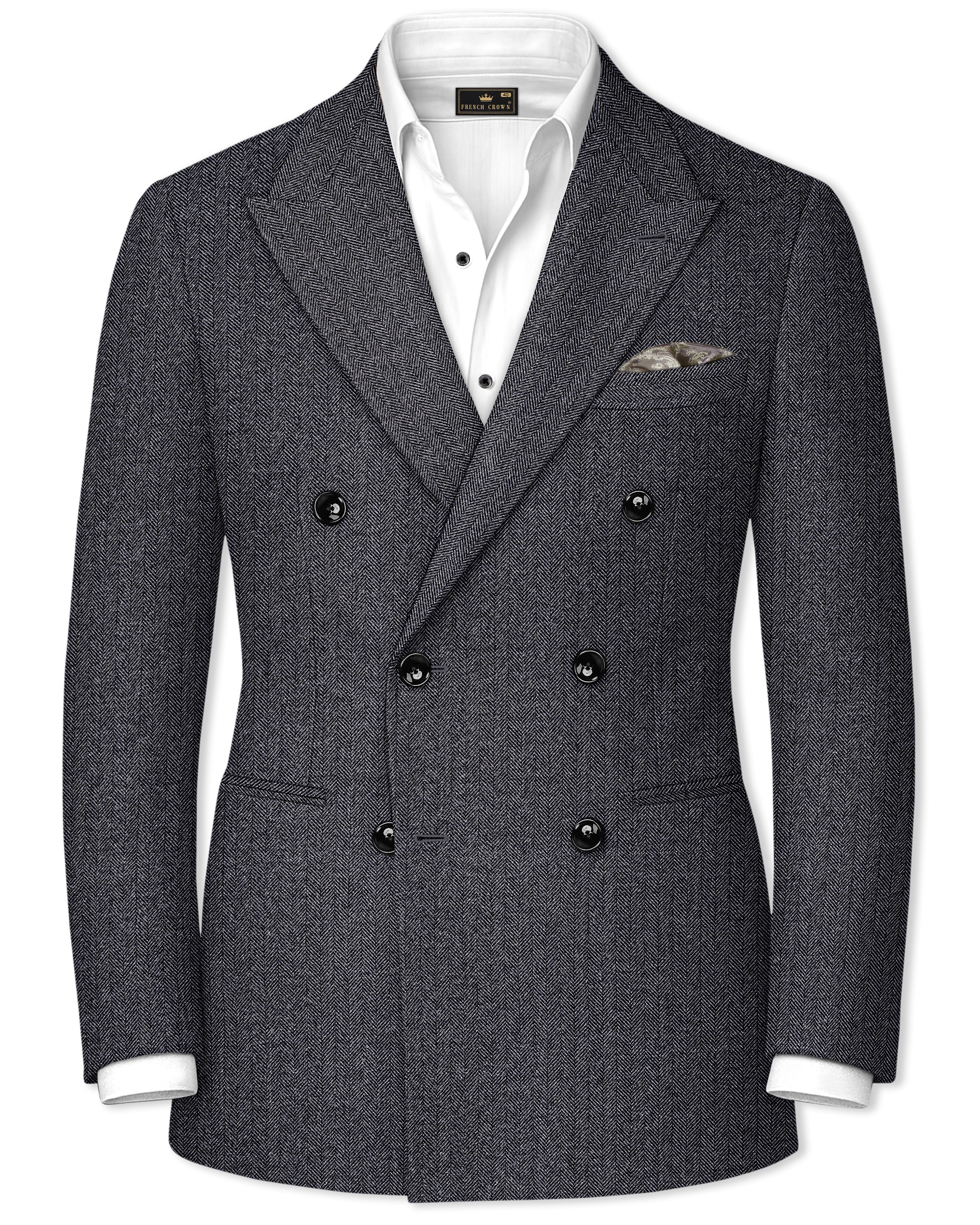 Silvoro-Iridium Gray Herringbone Textured Premium Tweed Double