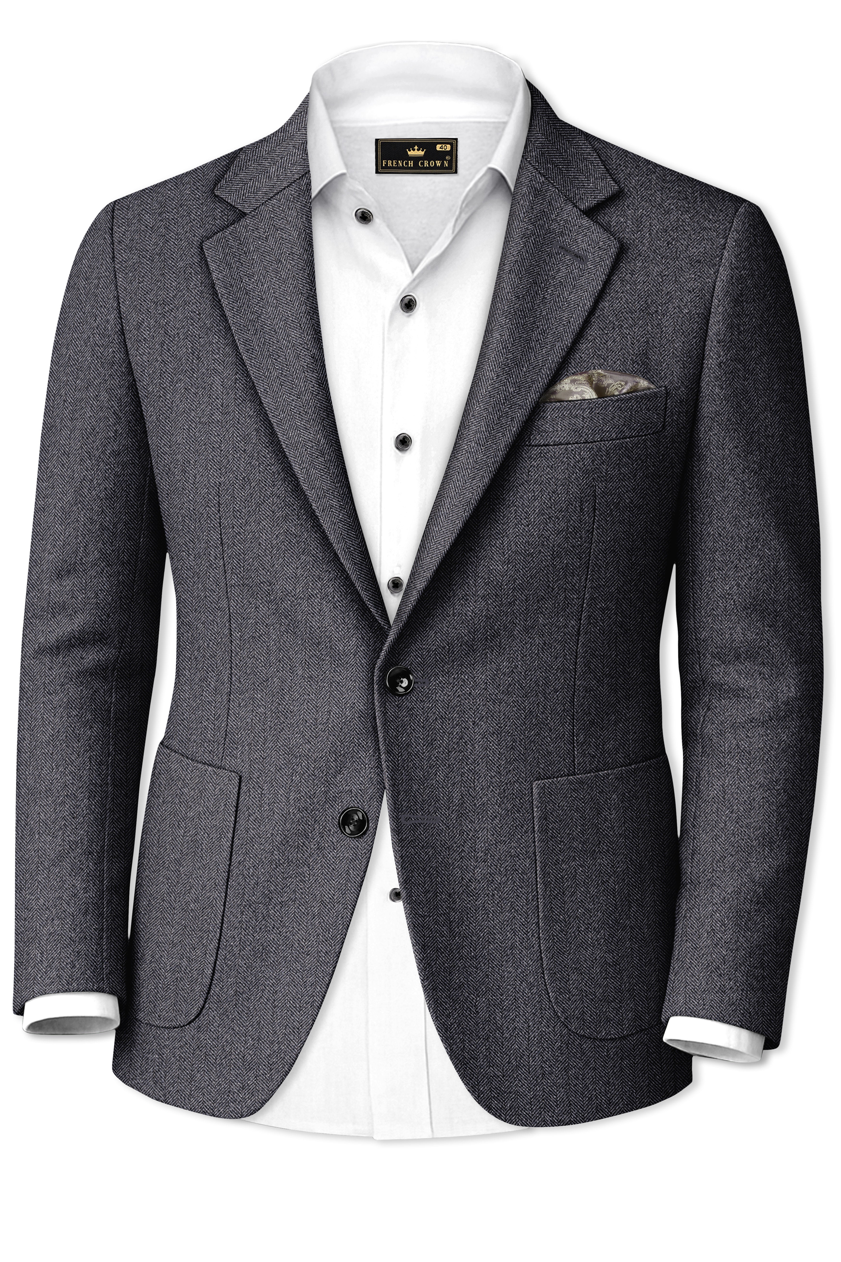 Silvoro-Iridium Gray Herringbone Textured Tweed Single Breasted Sports Blazer