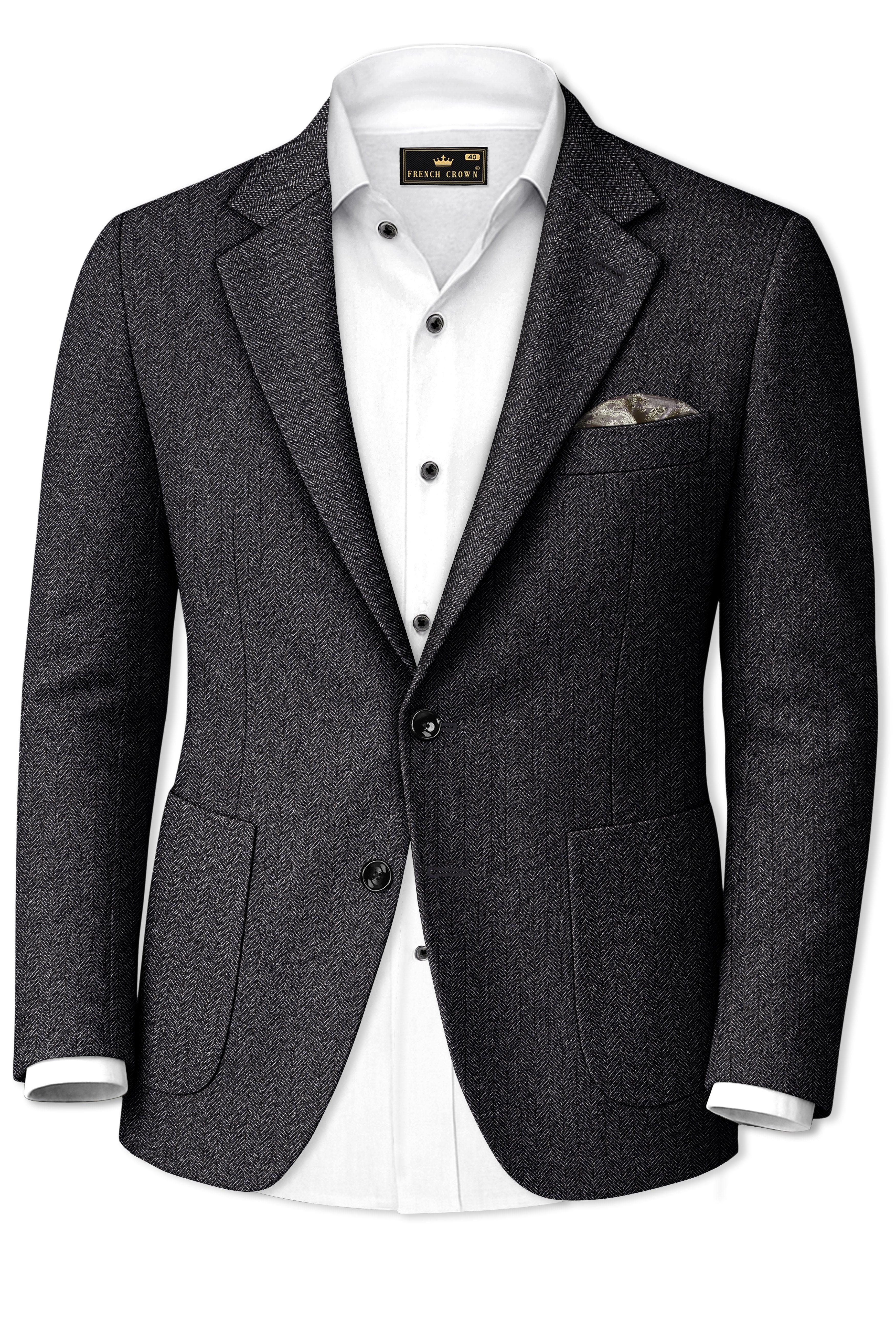 Imperion-Charcoal Gray Herringbone Textured Tweed Single Breasted Sports Blazer
