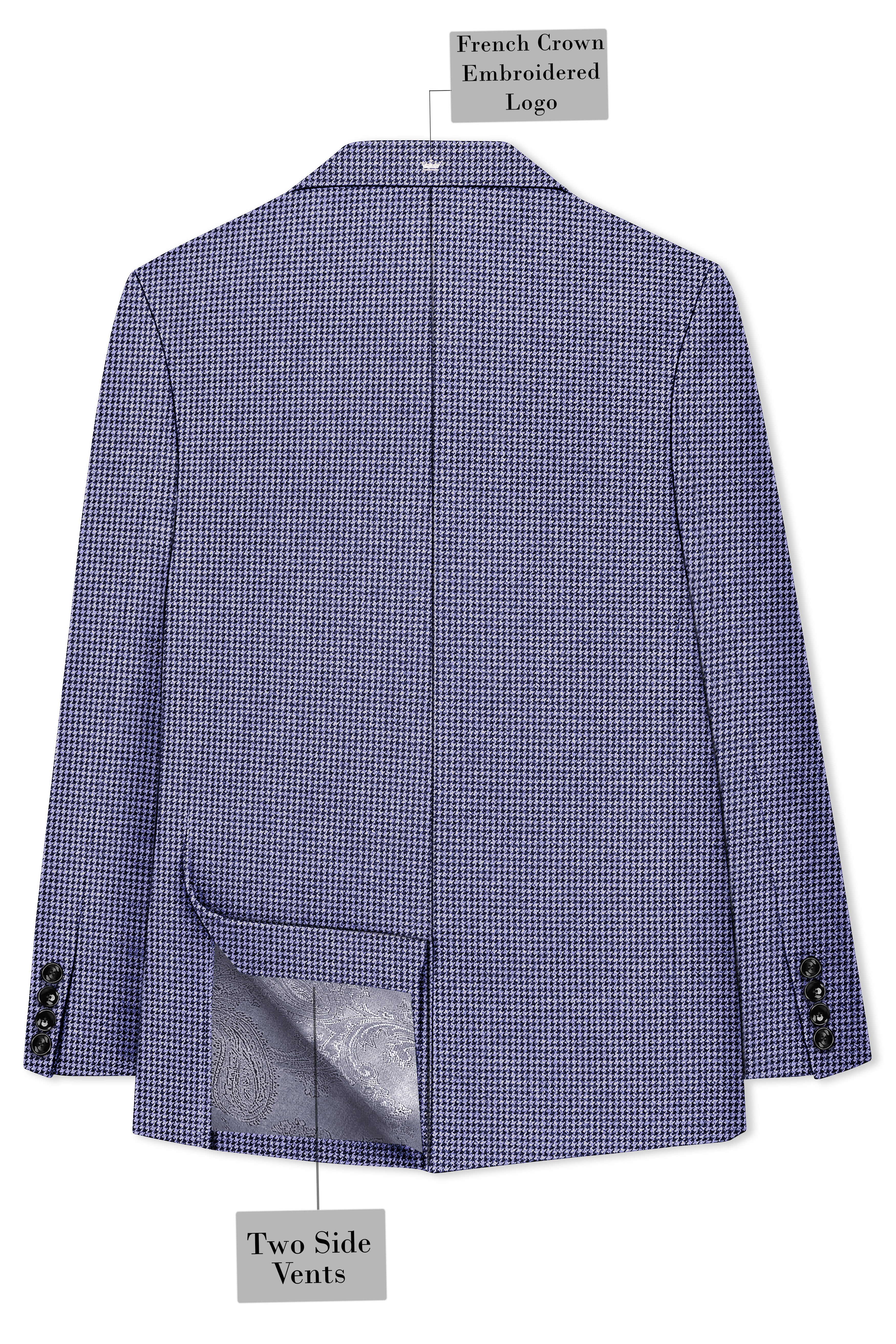 Dusk-Mulled Blue Classic Houndstooth Textured Tweed Double Breasted Blazer