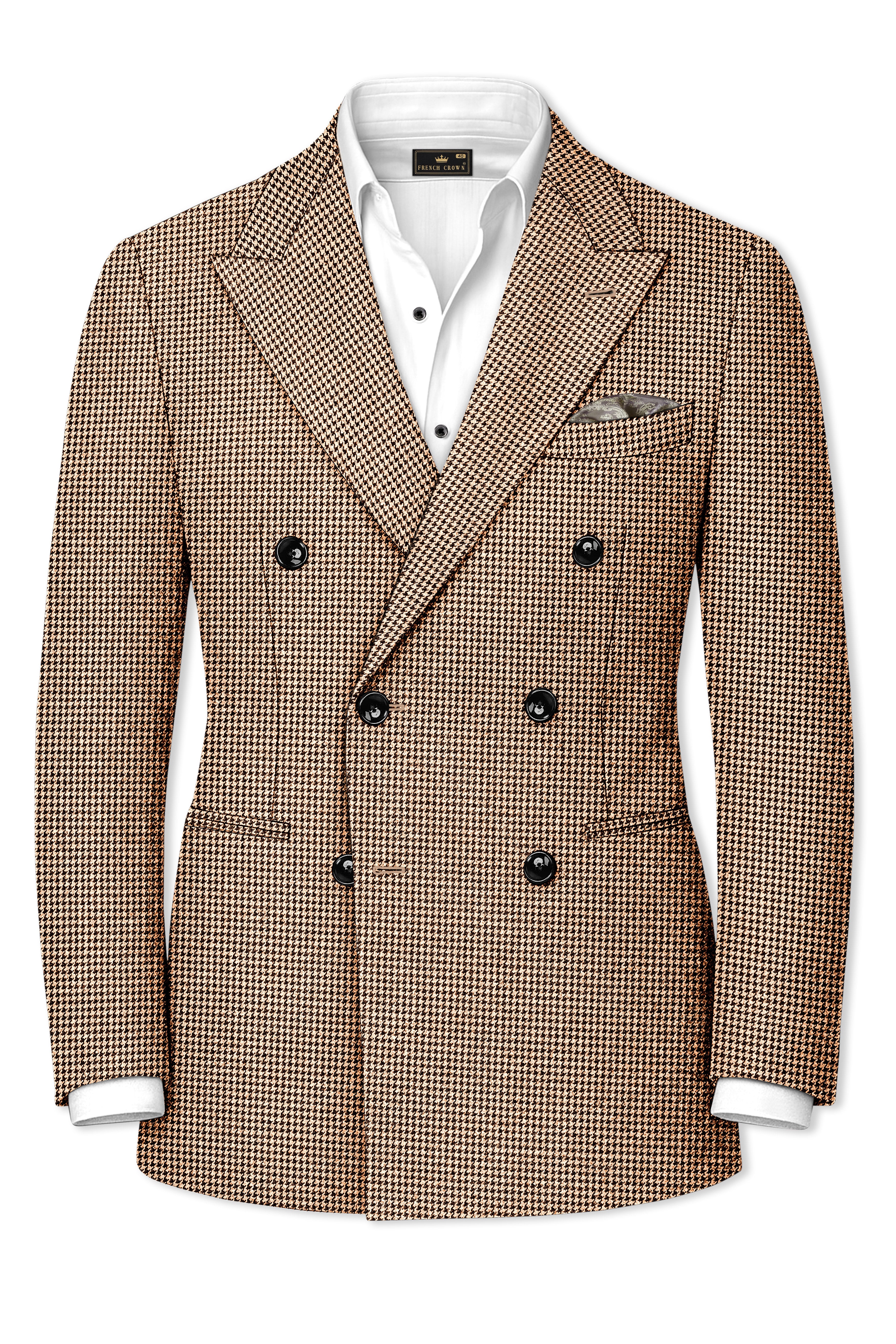 Scholar-Mocha Brown Classic Houndstooth Textured Tweed Double Breasted Blazer