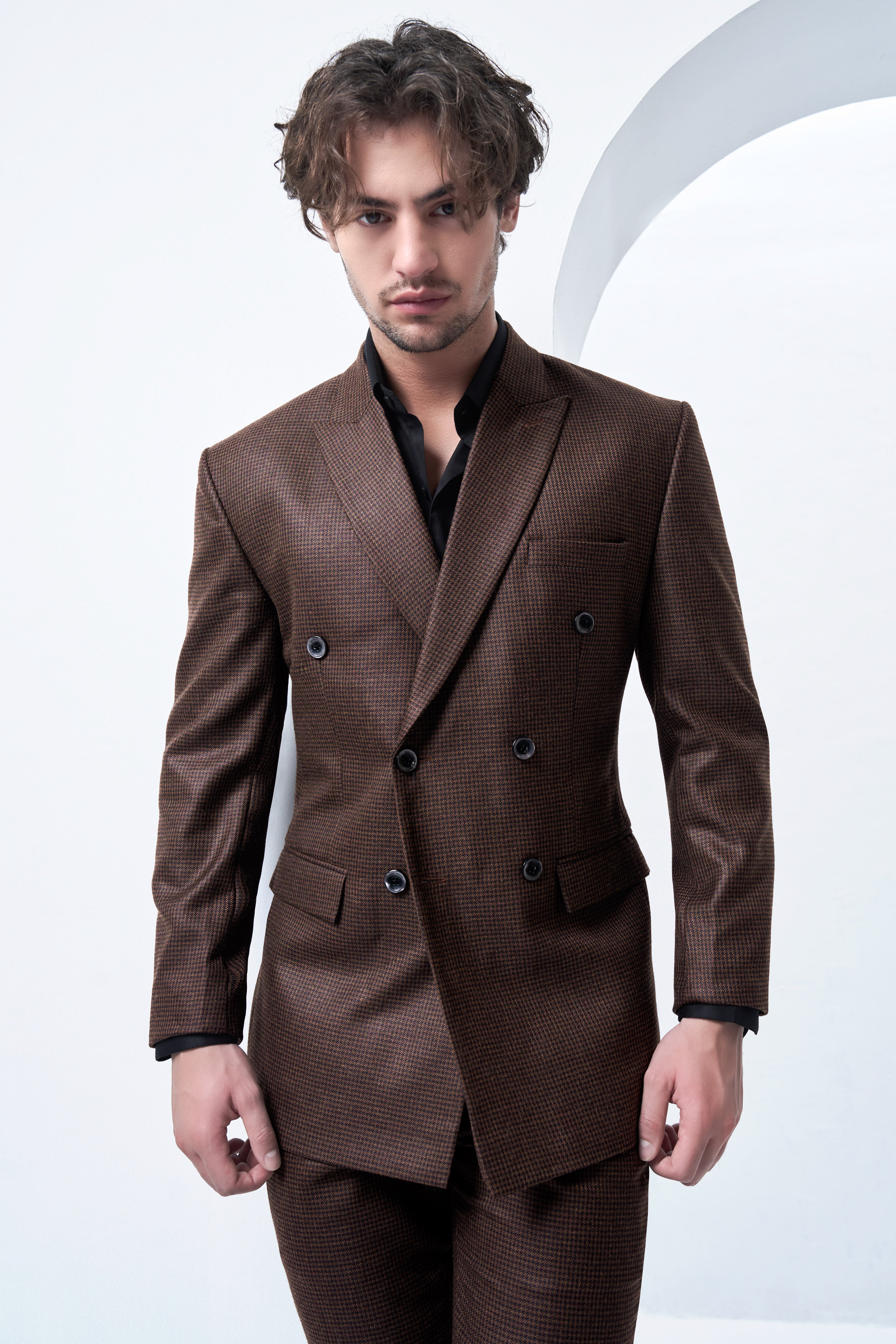 Sylvan-Woody Brown Classic Houndstooth Textured Tweed Double Breasted Blazer