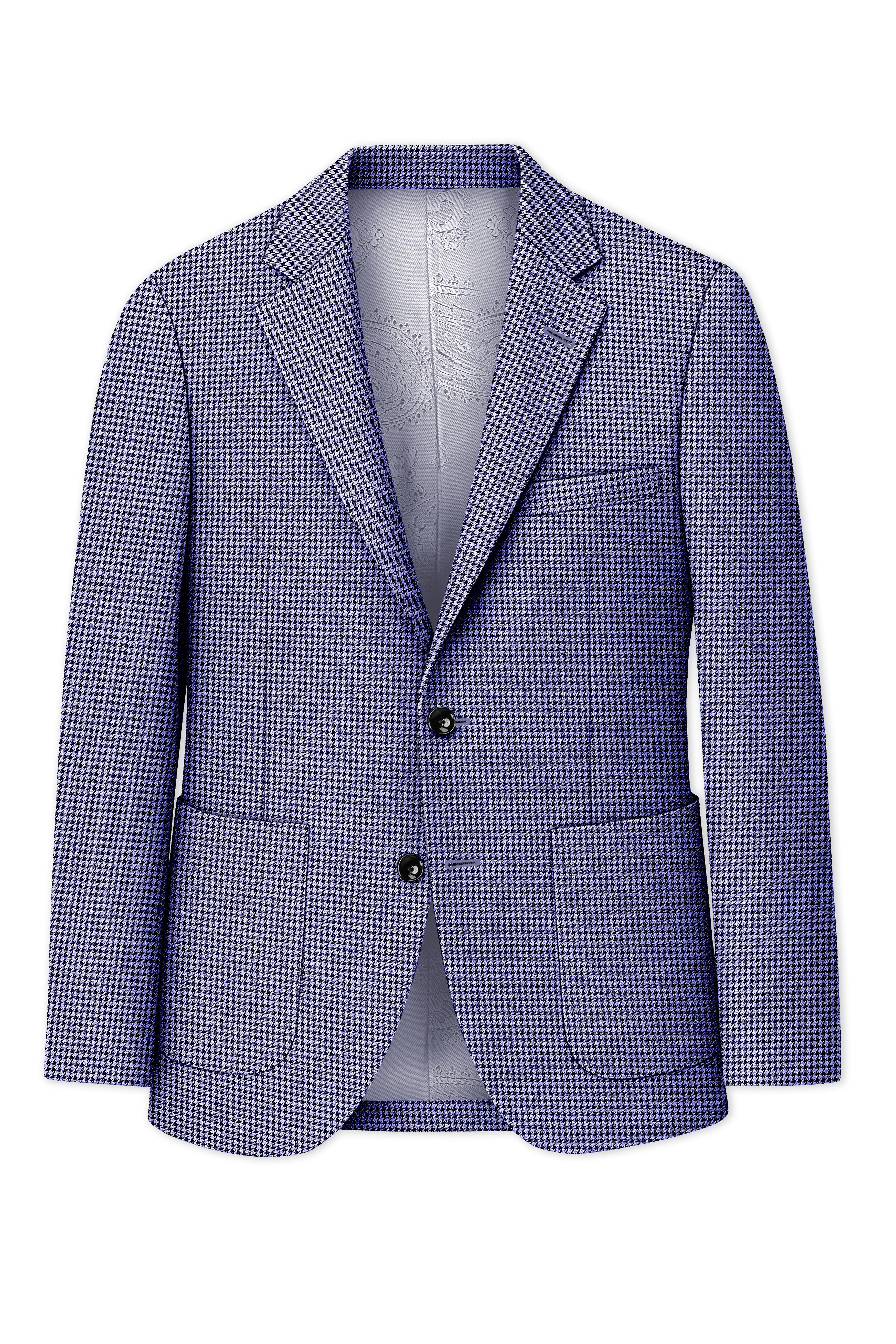 Dusk-Mulled Blue Classic Houndstooth Textured Tweed Single Breasted Sports Blazer