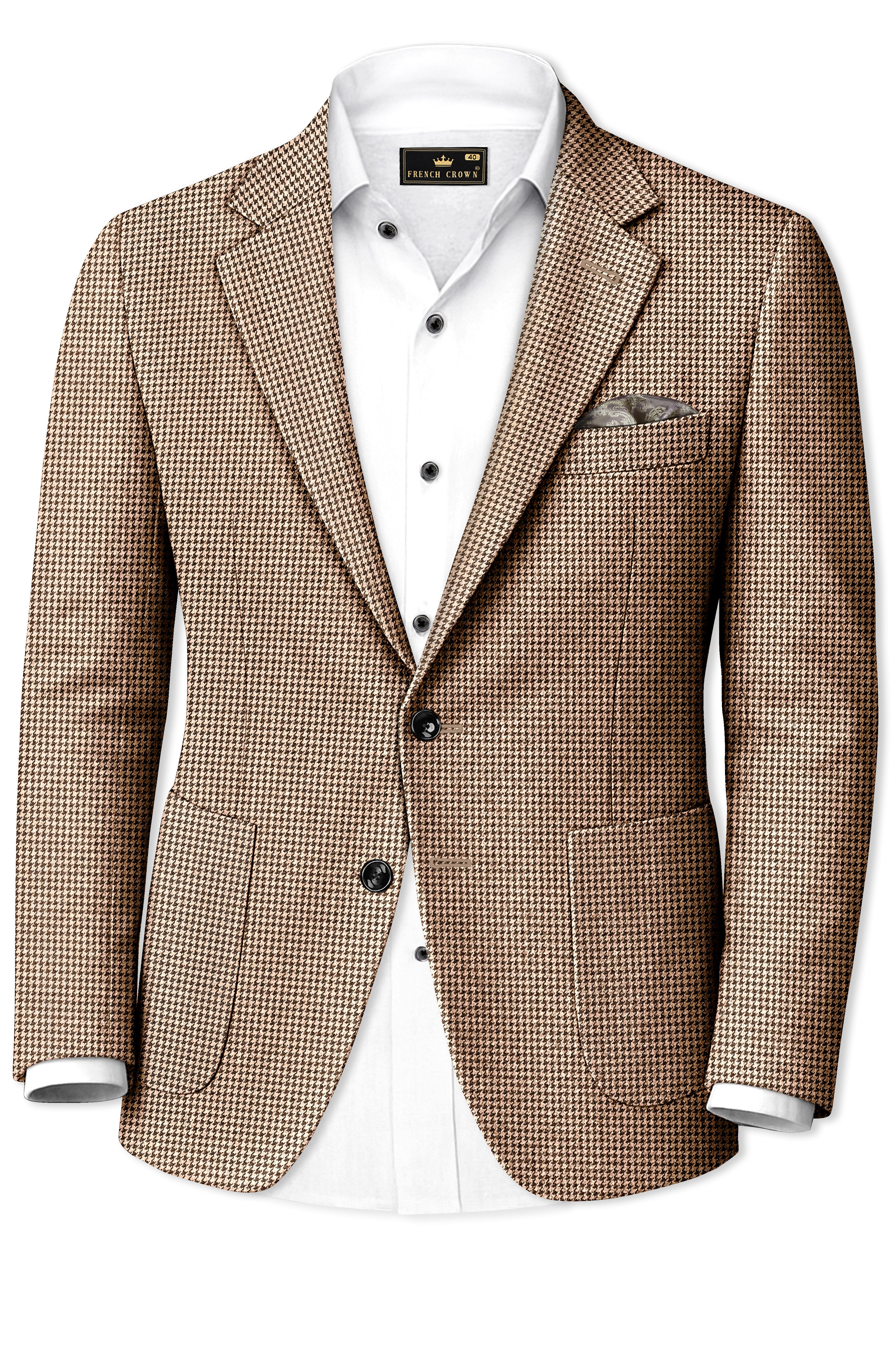 Scholar-Mocha Brown Classic Houndstooth Textured Tweed Single Breasted Sports Blazer