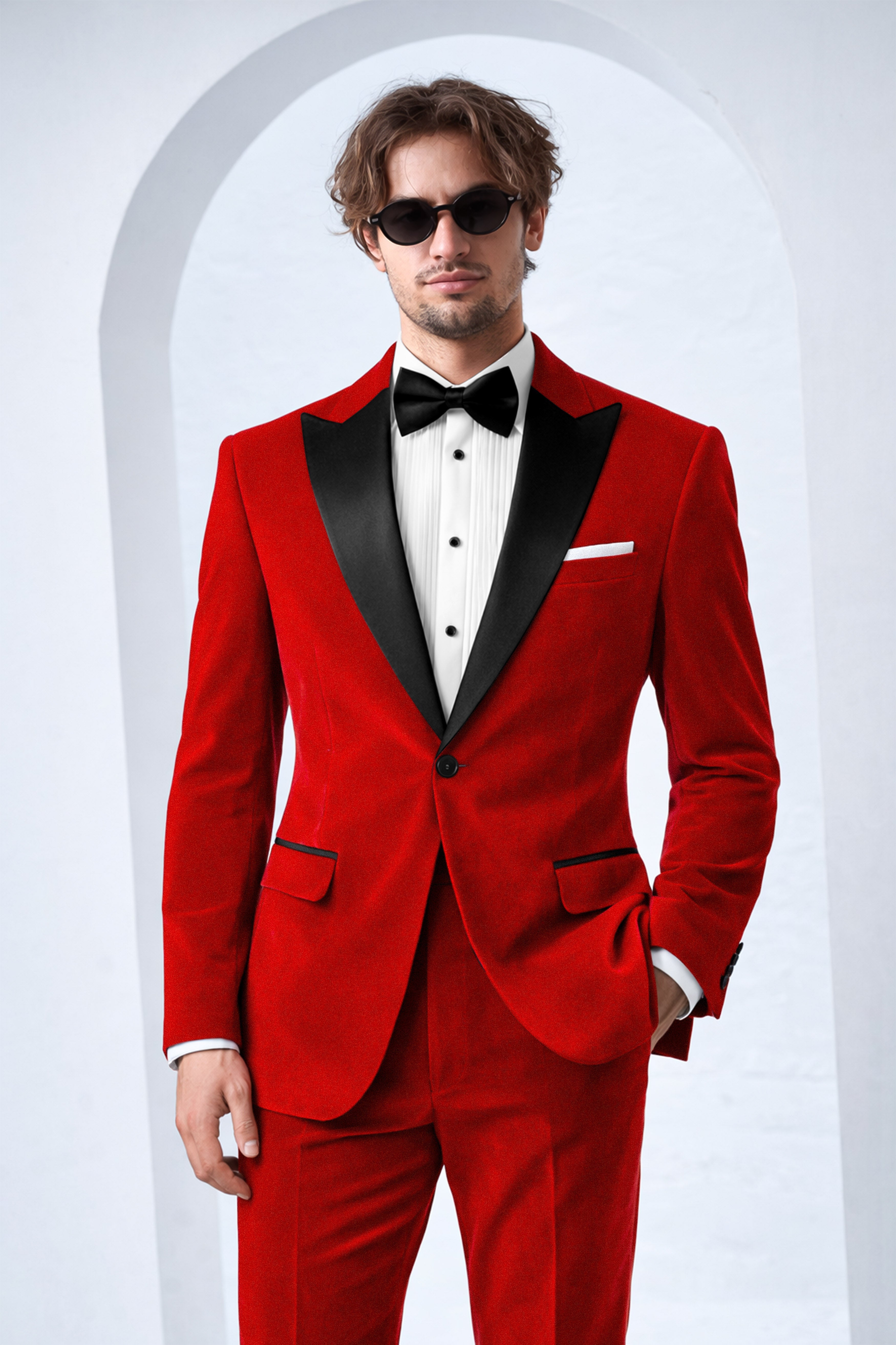 Imperio-Crimson Red Velvet Peak Lapel Tuxedo Blazer
