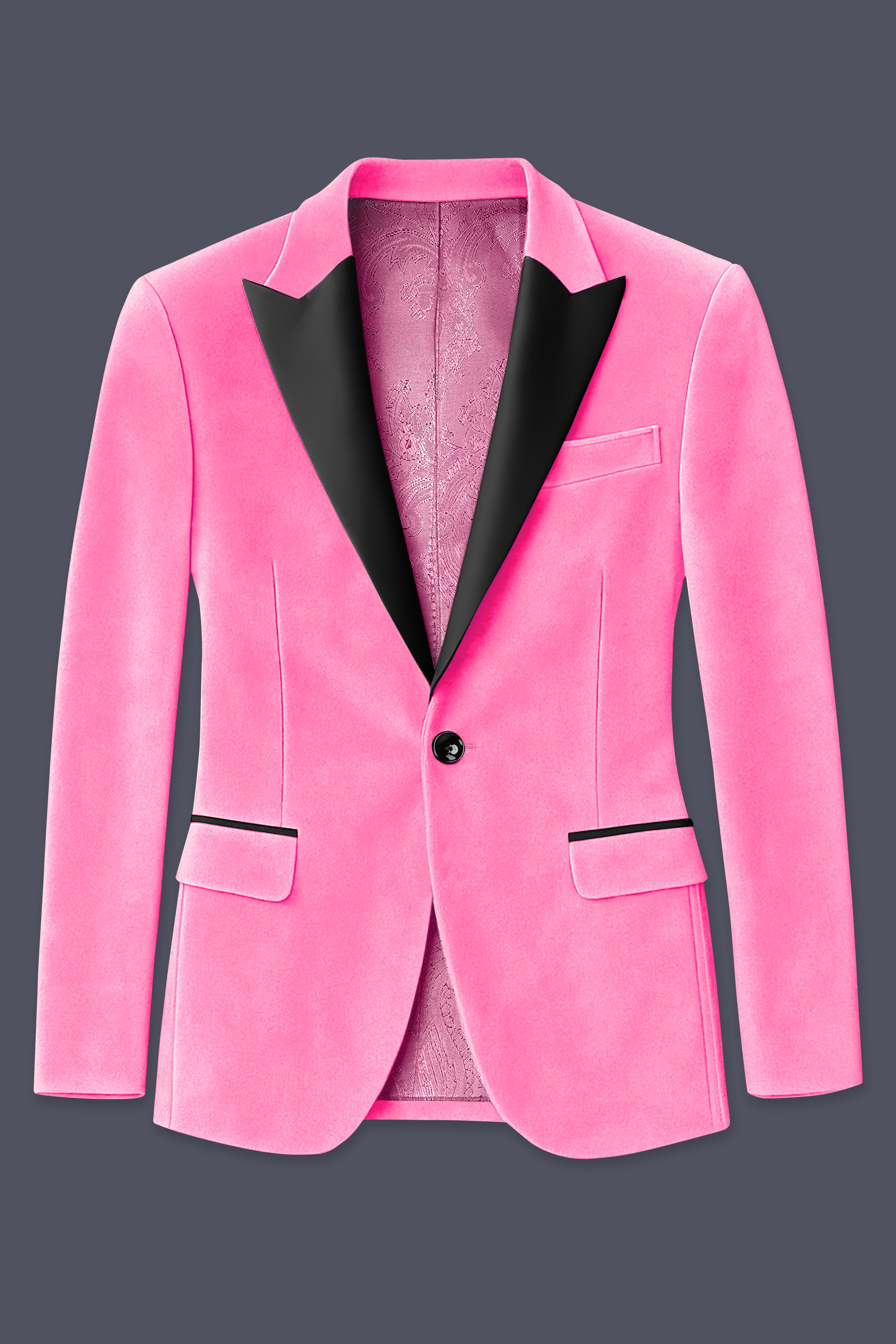 Regalis-Carnation Pink Velvet Peak Lapel Tuxedo Blazer