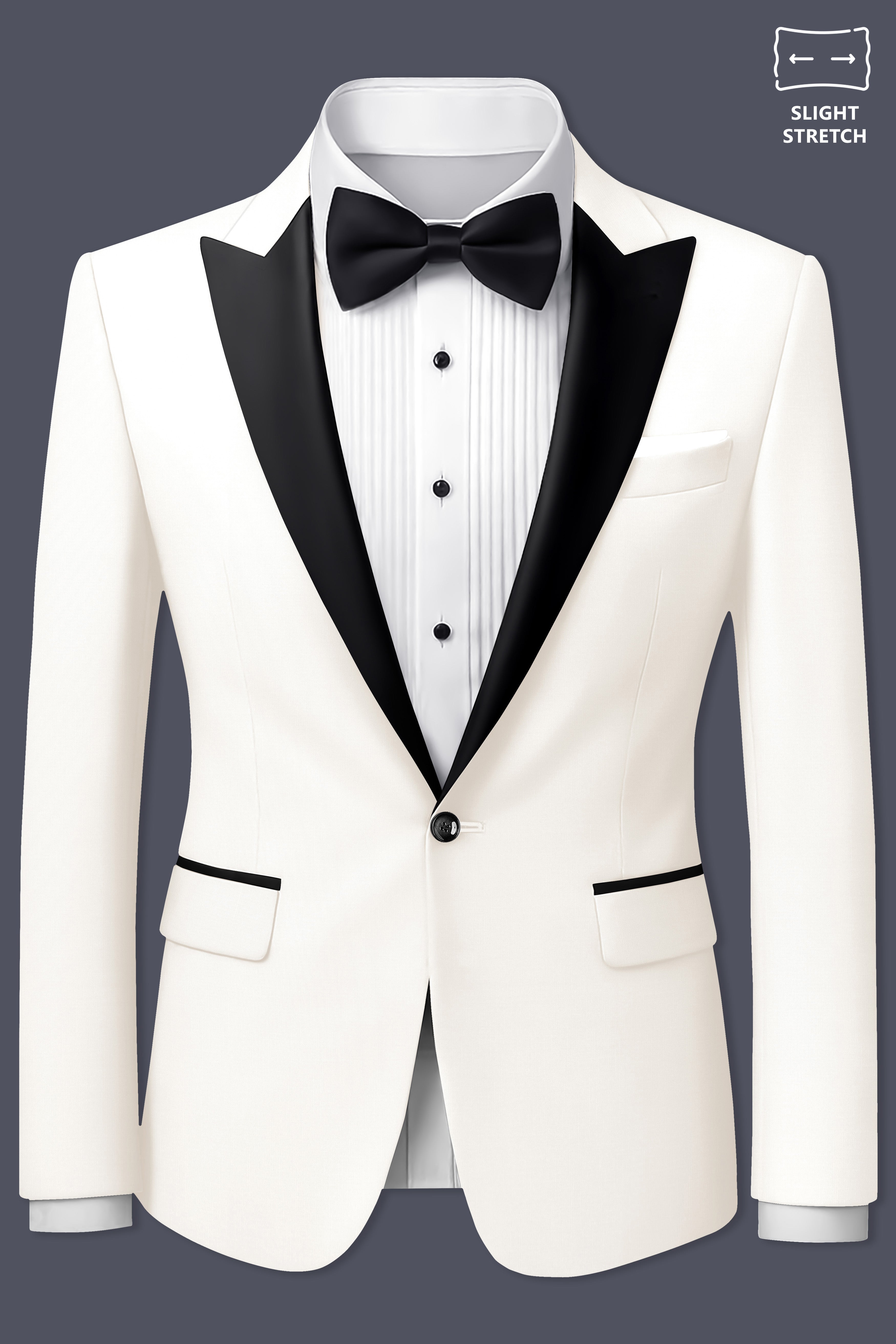 Ivory-Cararra Cream Wool Rich Peak Lapel Tuxedo Slight Stretch Blazer