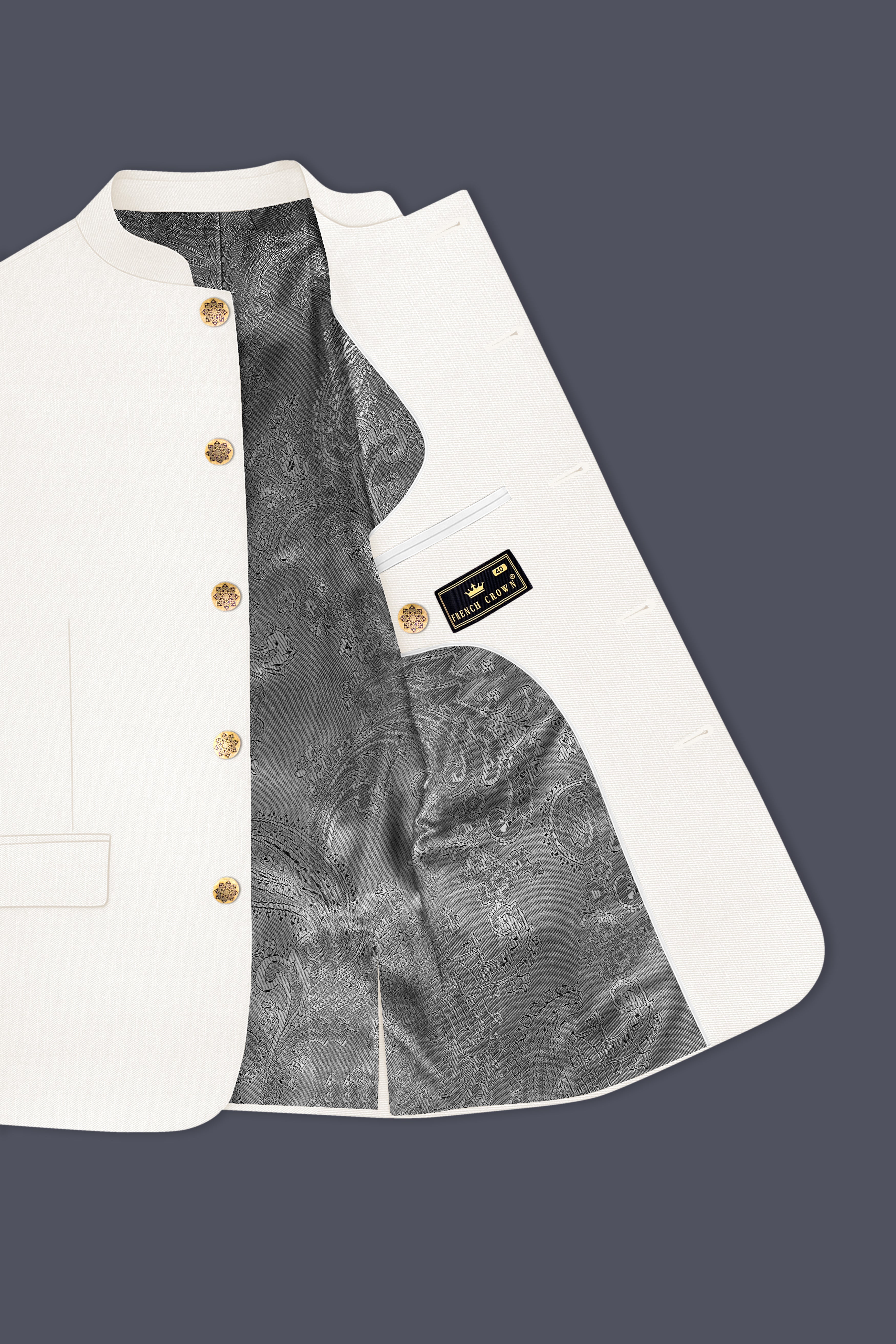 Ivory-Cararra Cream Wool Rich Bandhgala Slight Stretch Blazer