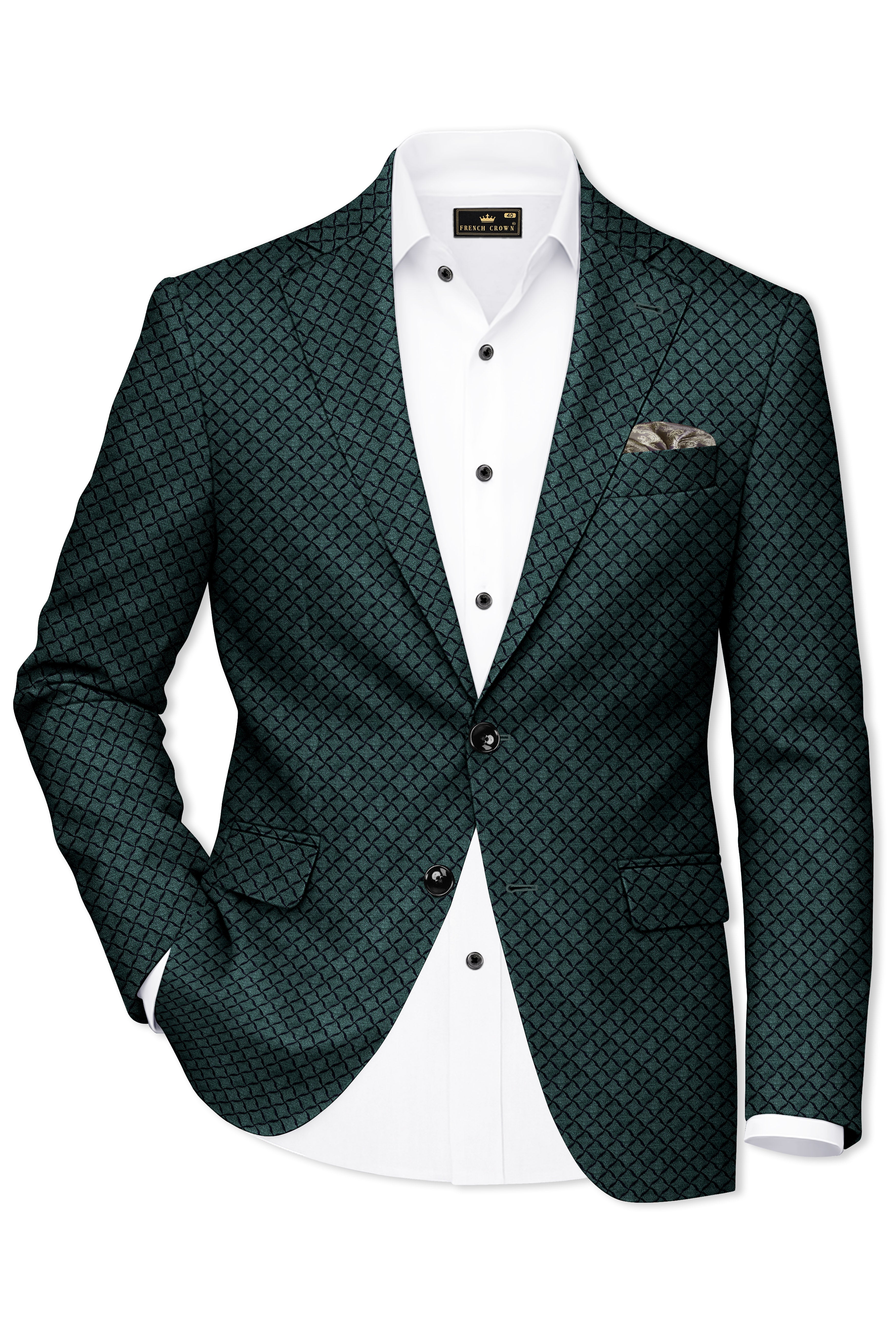 Gunmetal Green Jacquard Textured Designer Single Breasted Blazer