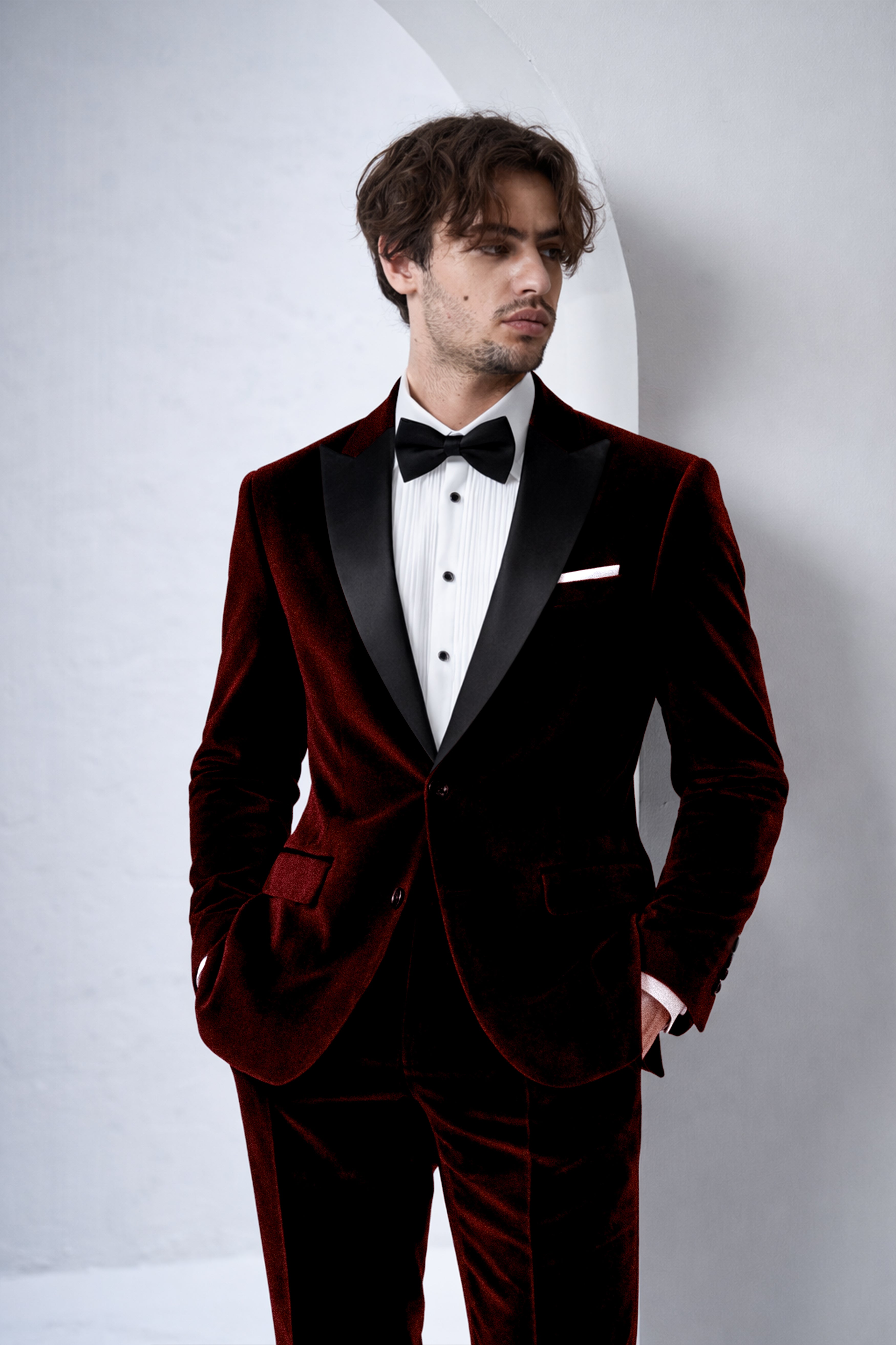 Crimson-Sepia Red Velvet Peak Lapel Tuxedo Blazer