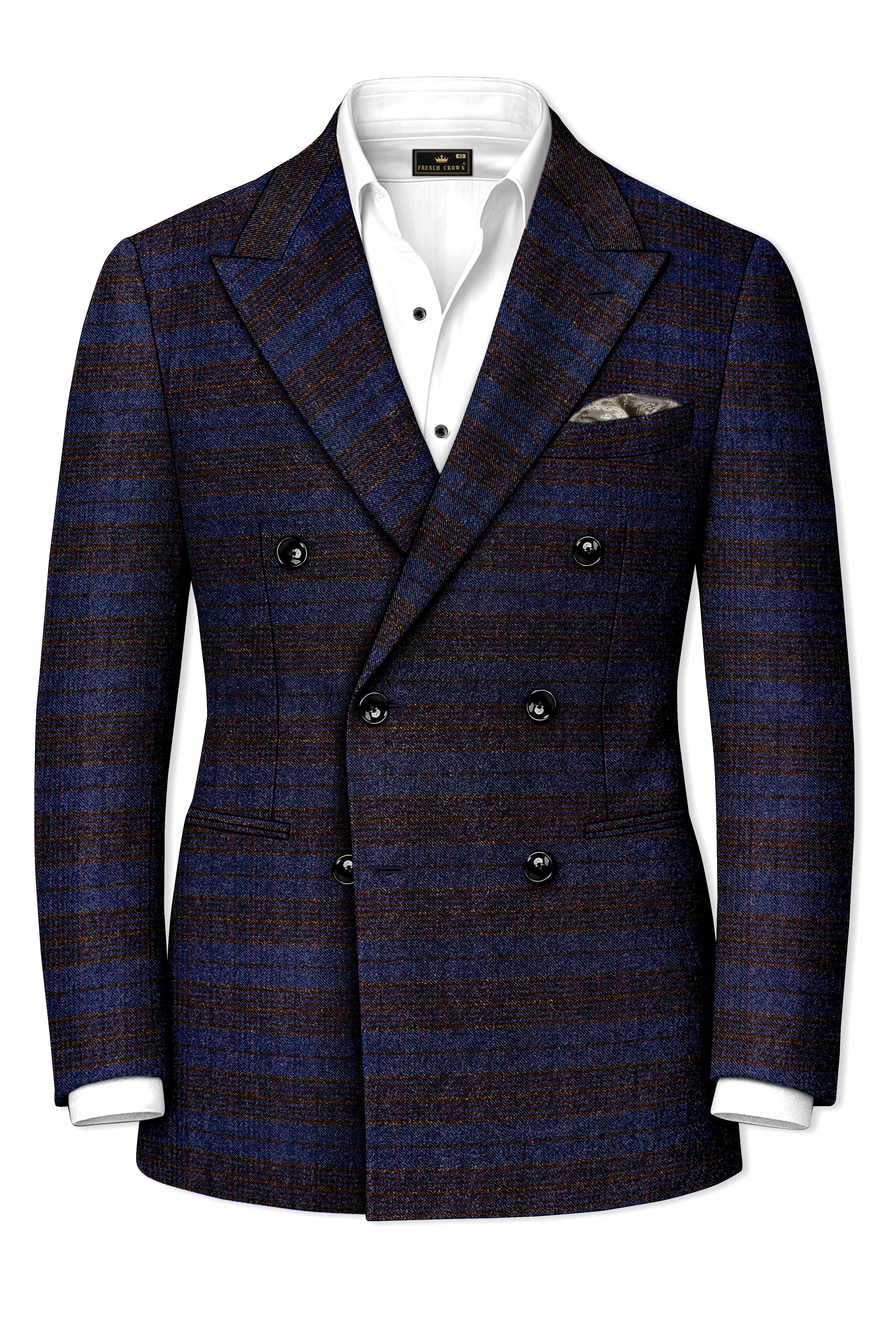 Velourish-Tealish Blue And Tuatara Gray Glen Plaid Tweed Double Breasted Blazers