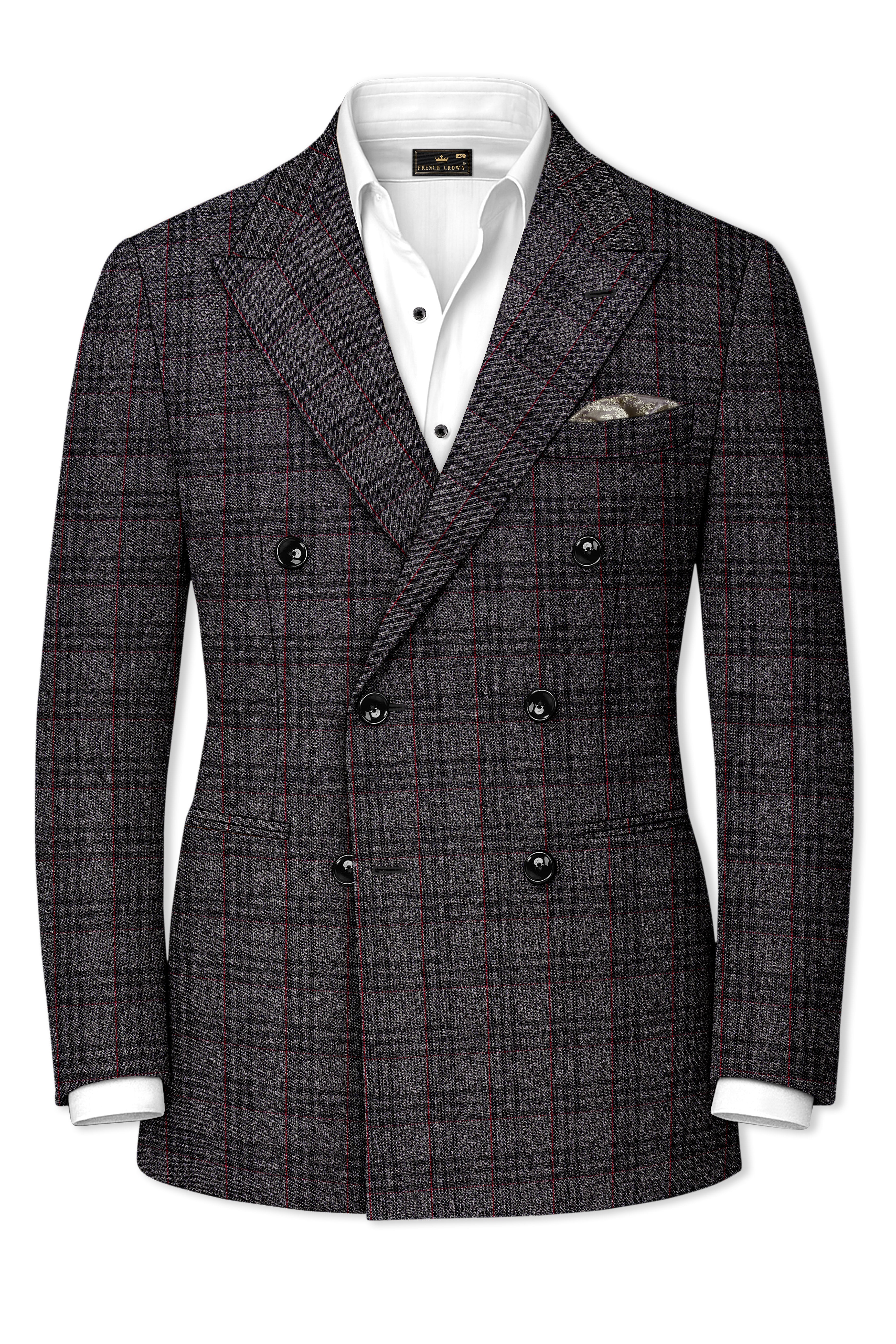 Velours-Ship Gray Plaid Tweed Double Breasted Blazers