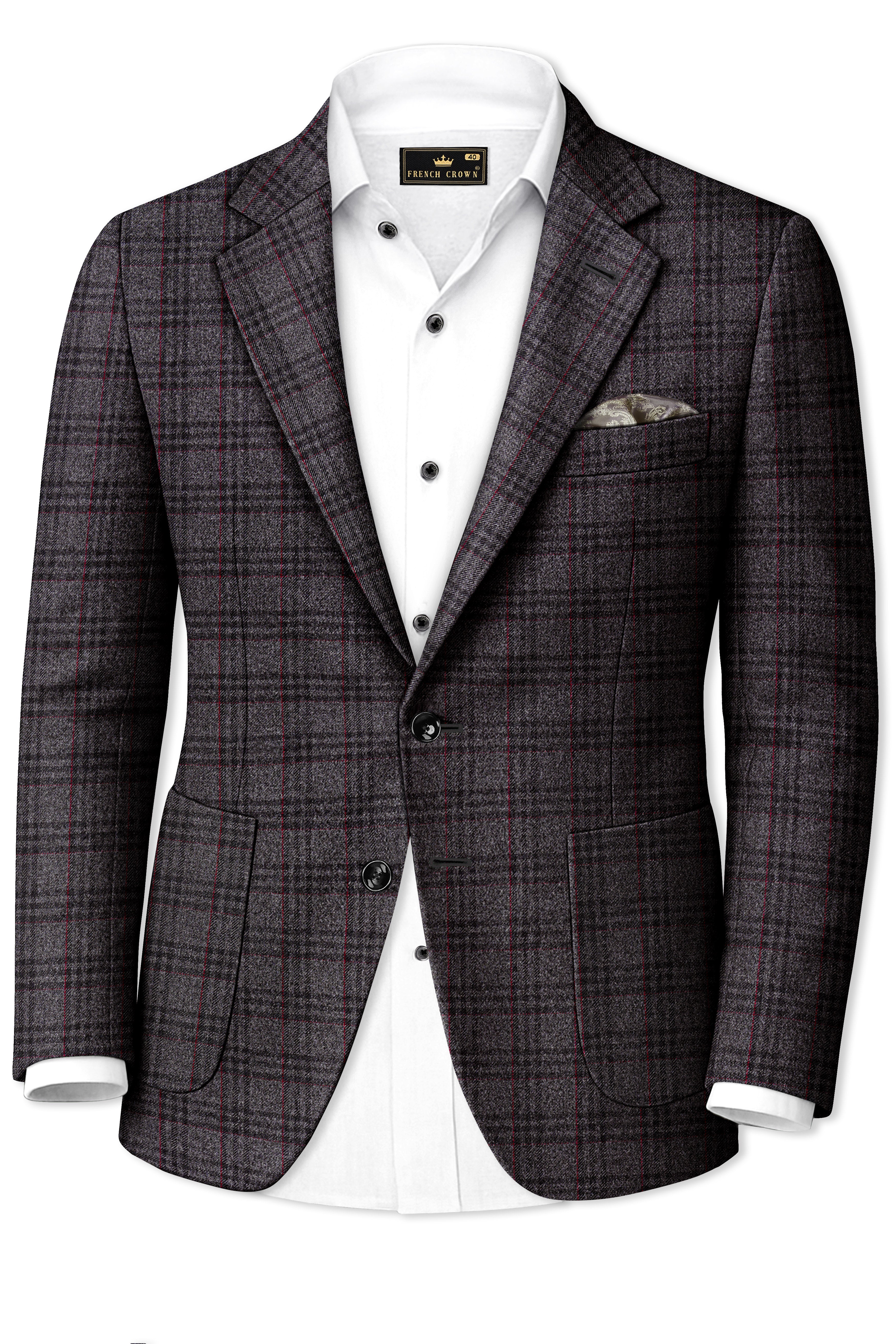 Velours-Ship Gray Plaid Tweed Single Breasted Sports Blazers