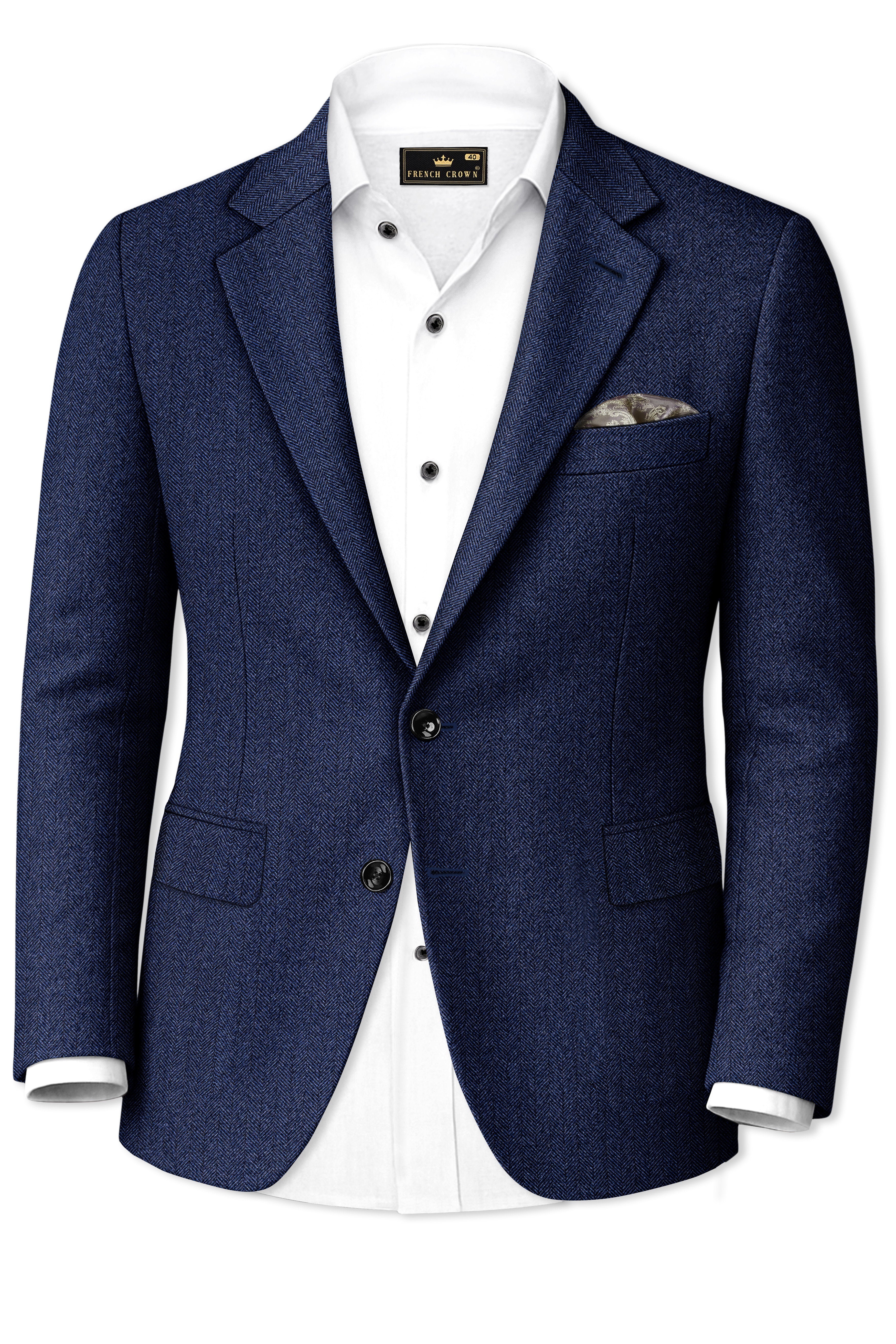Aurevu-Vulcan Blue Herringbone Textured Tweed Single Breasted Blazers