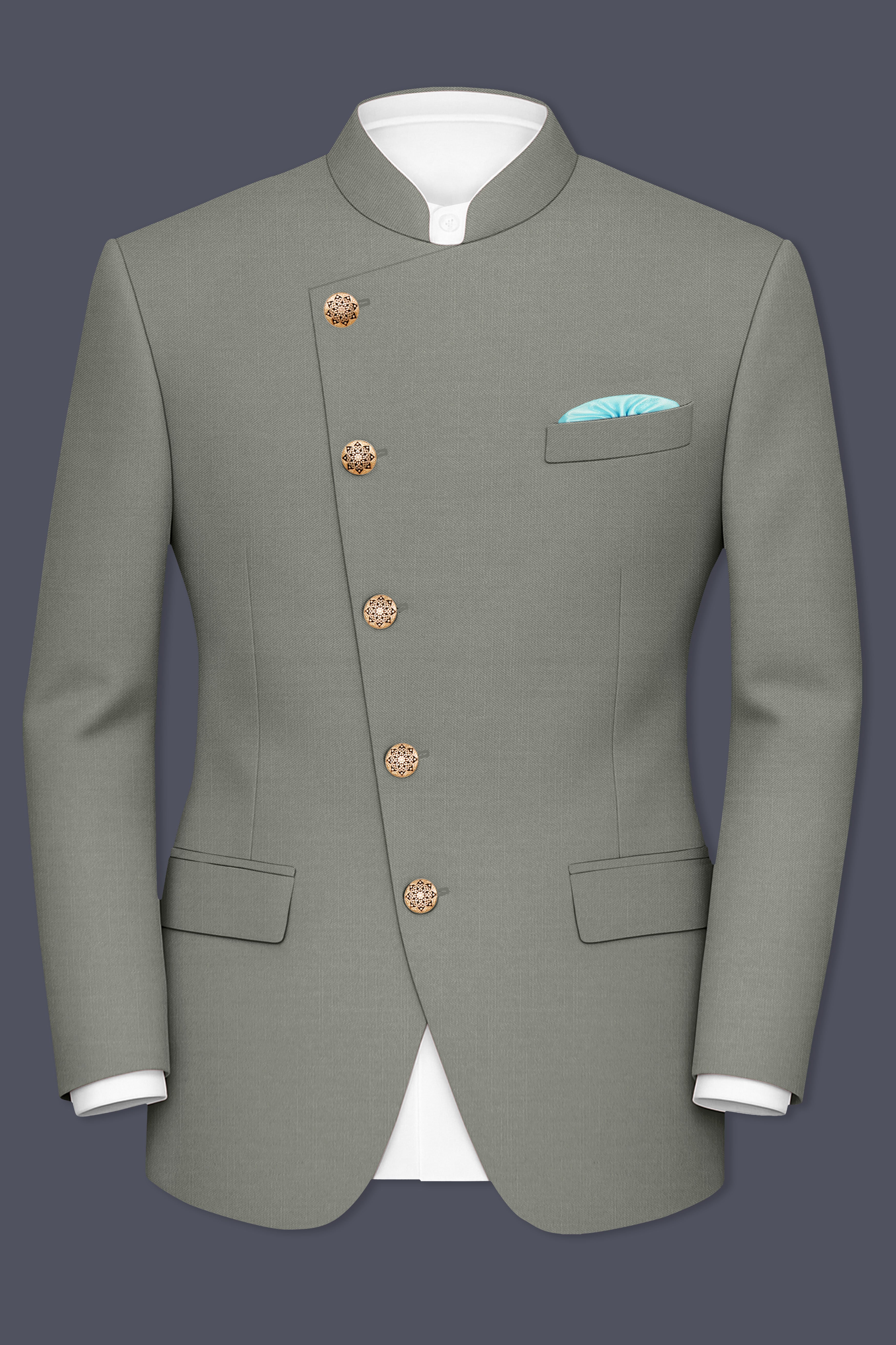 Verdure-Sage Green Wool Rich Cross Placket Bandhgala Slight Stretch Blazers