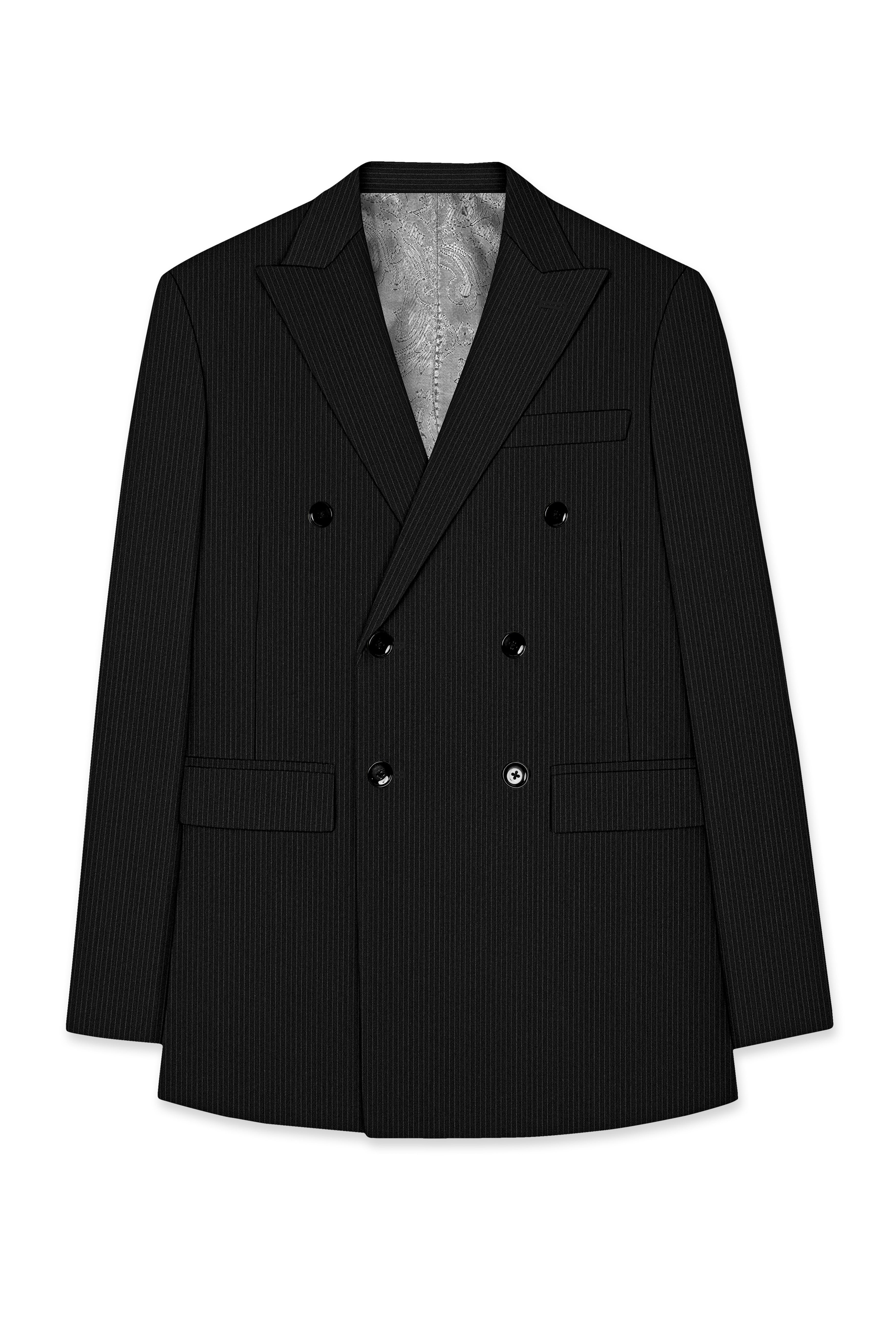 Aurejax-Jade Black Pencil Striped Wool Rich Slight Stretch Double Breasted Blazer