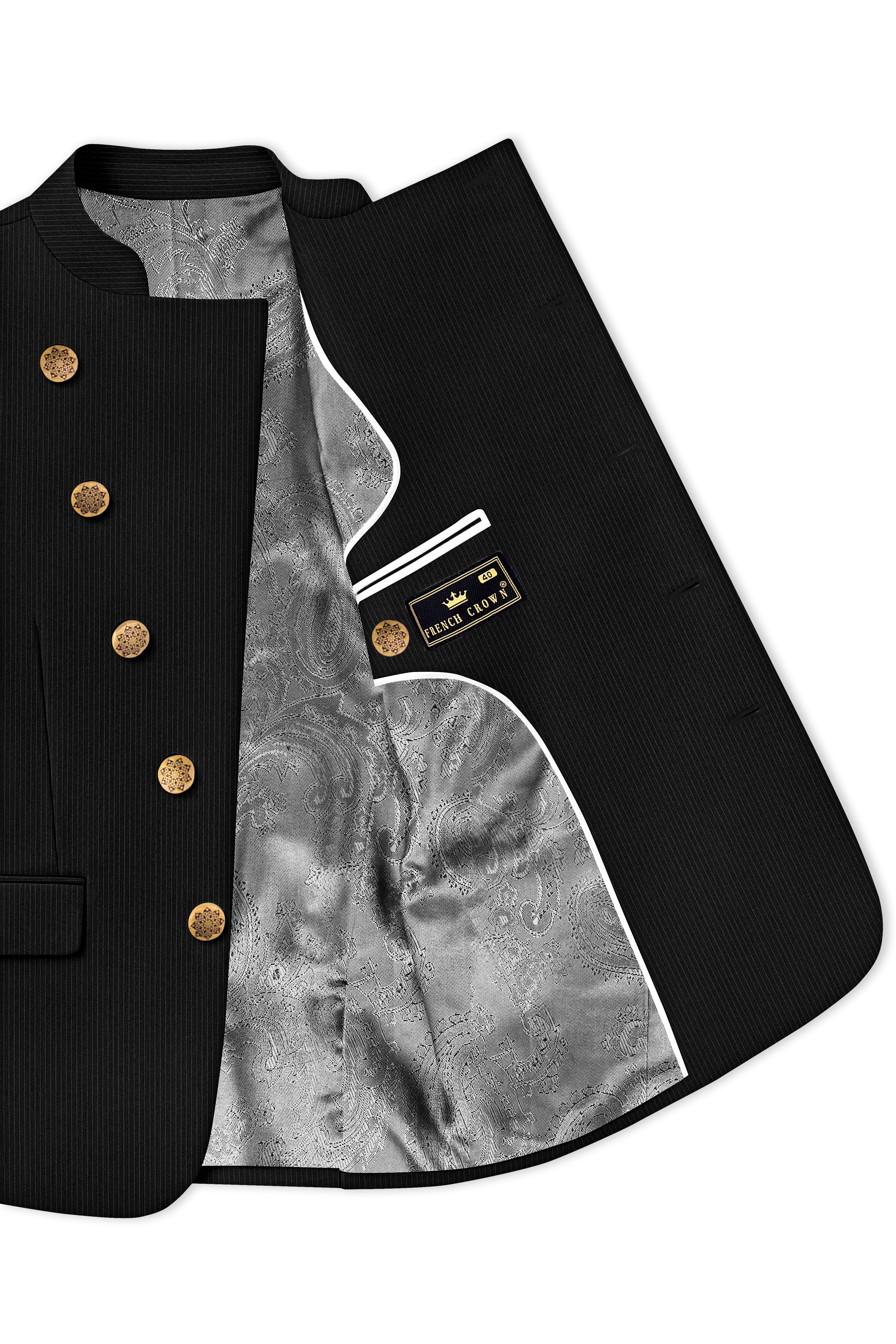 Aurejax-Jade Black Pencil Striped Wool Rich Slight Stretch Cross Placket Bandhgala Blazer