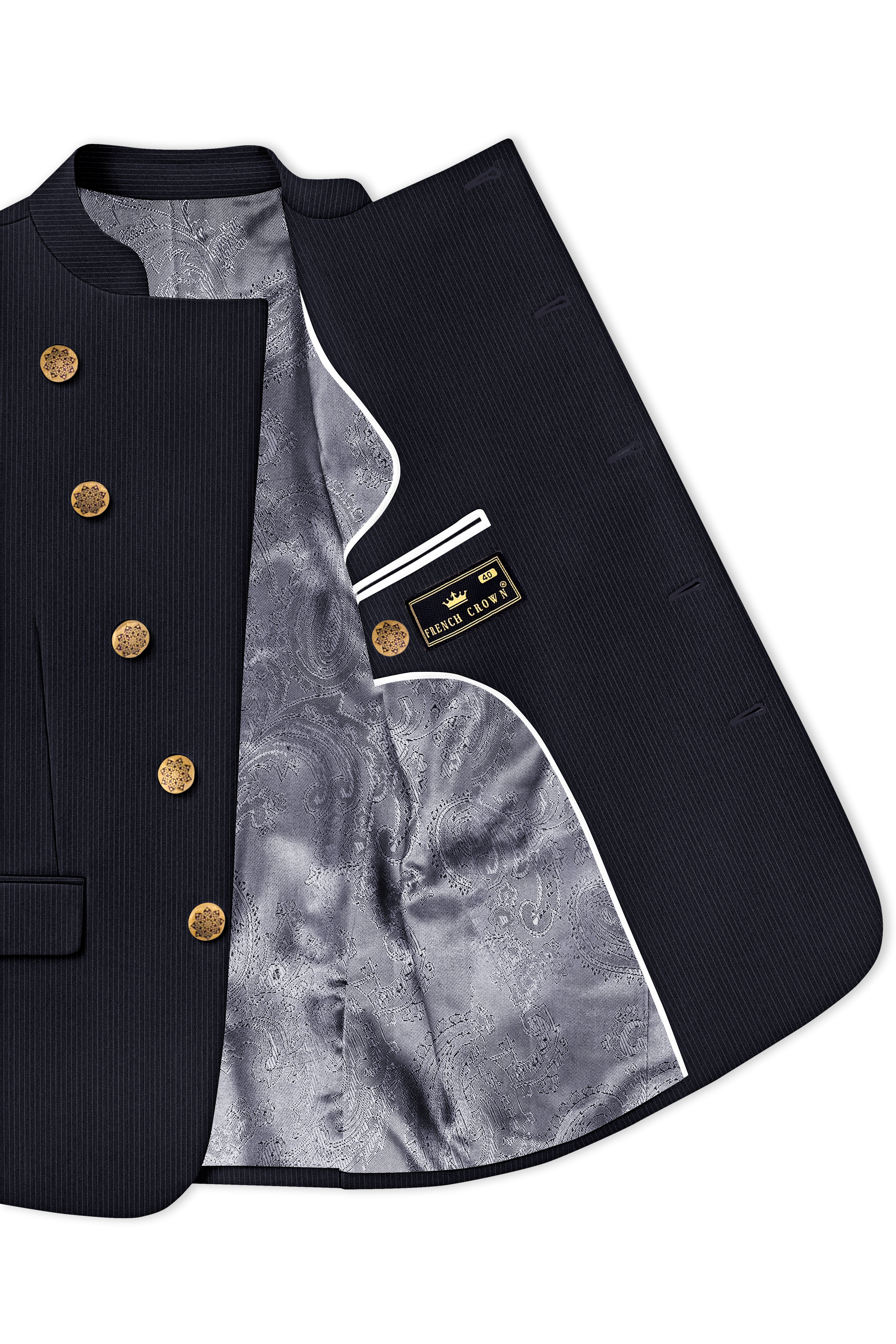 Cosmire-Space Blue Pencil Striped Wool Rich Slight Stretch Cross Placket Bandhgala Blazer