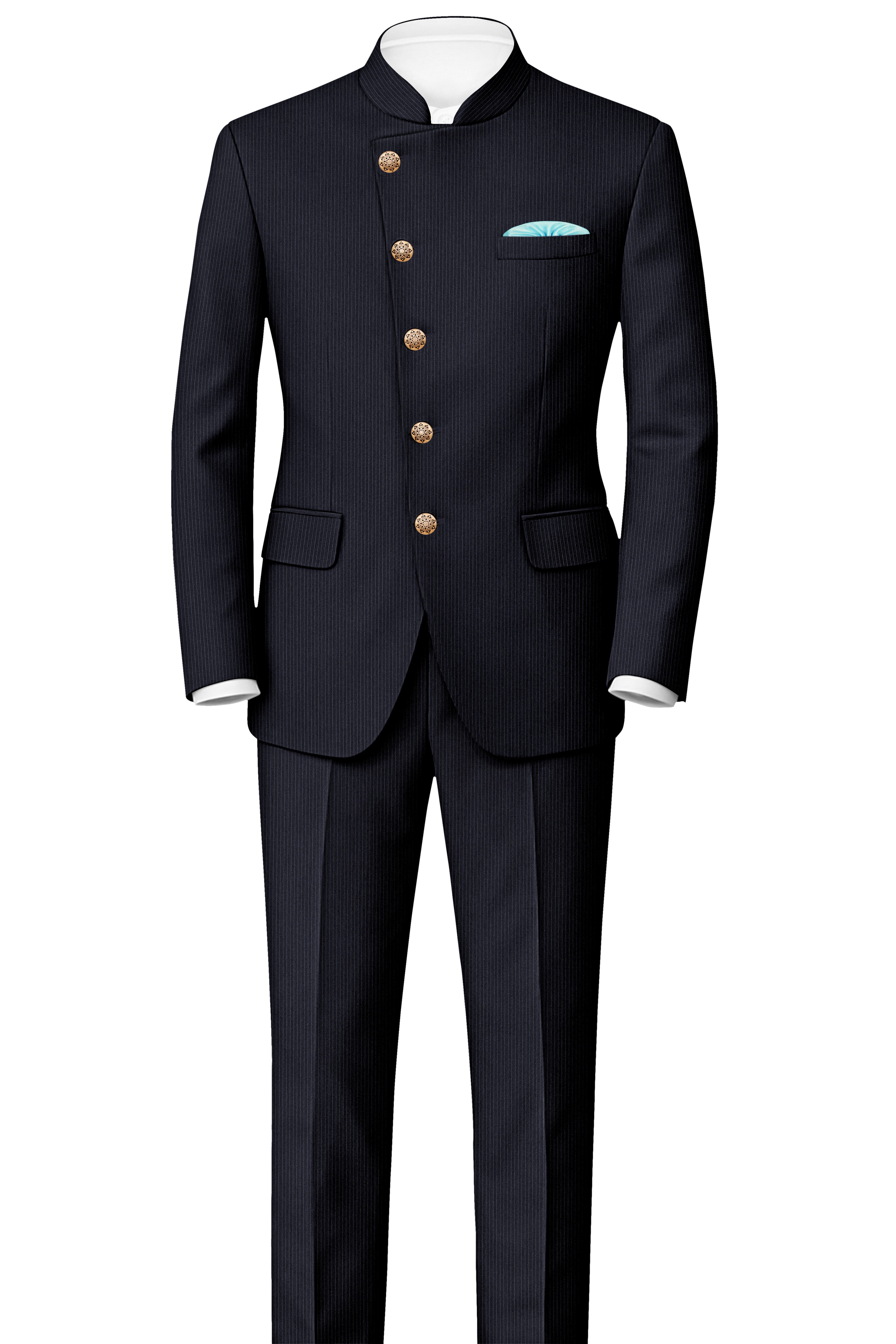 Cosmire-Space Blue Pencil Striped Wool Rich Slight Stretch Cross Placket Bandhgala Blazer