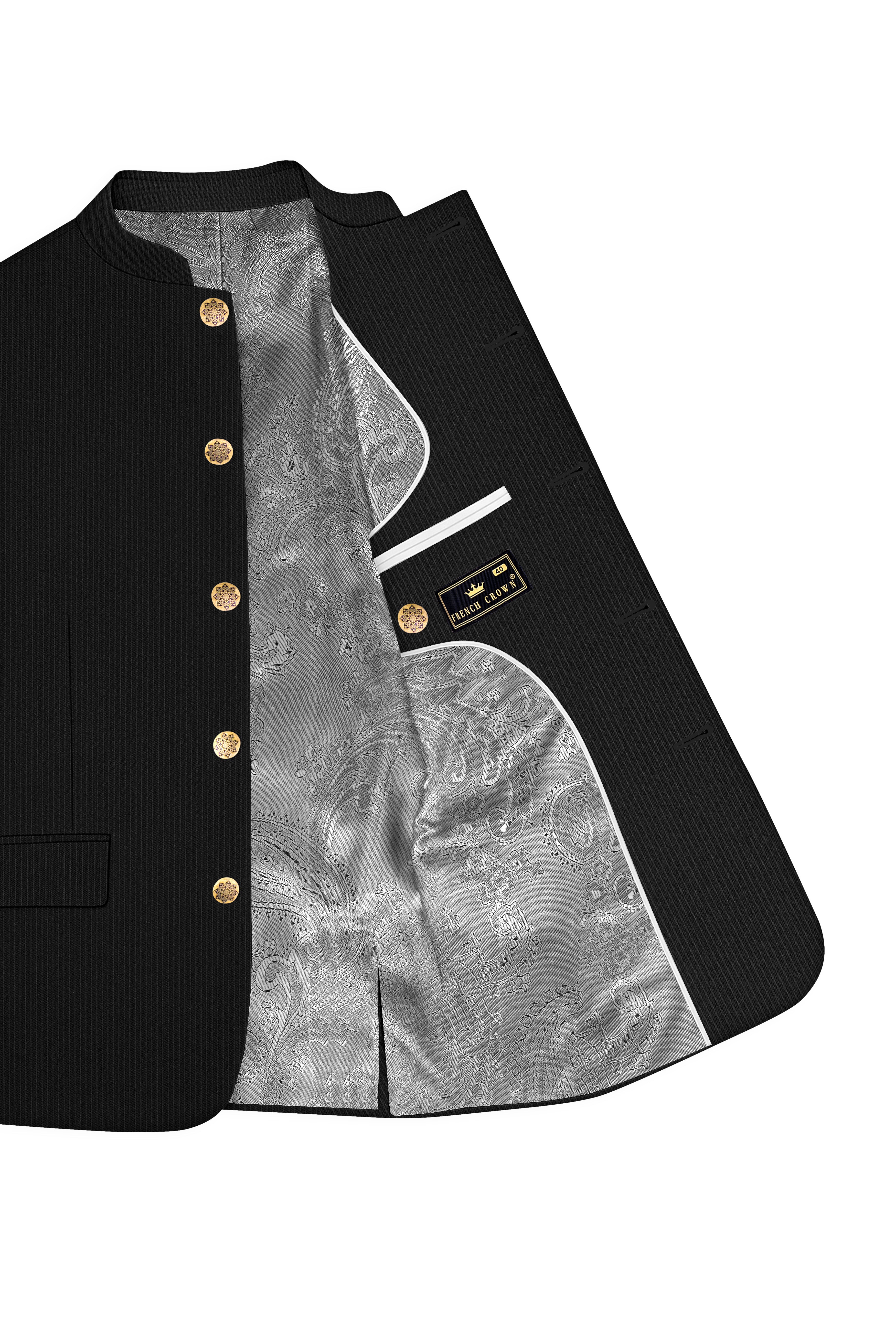 Aurejax-Jade Black Pencil Striped Wool Rich Bandhgala Slight Stretch Blazer