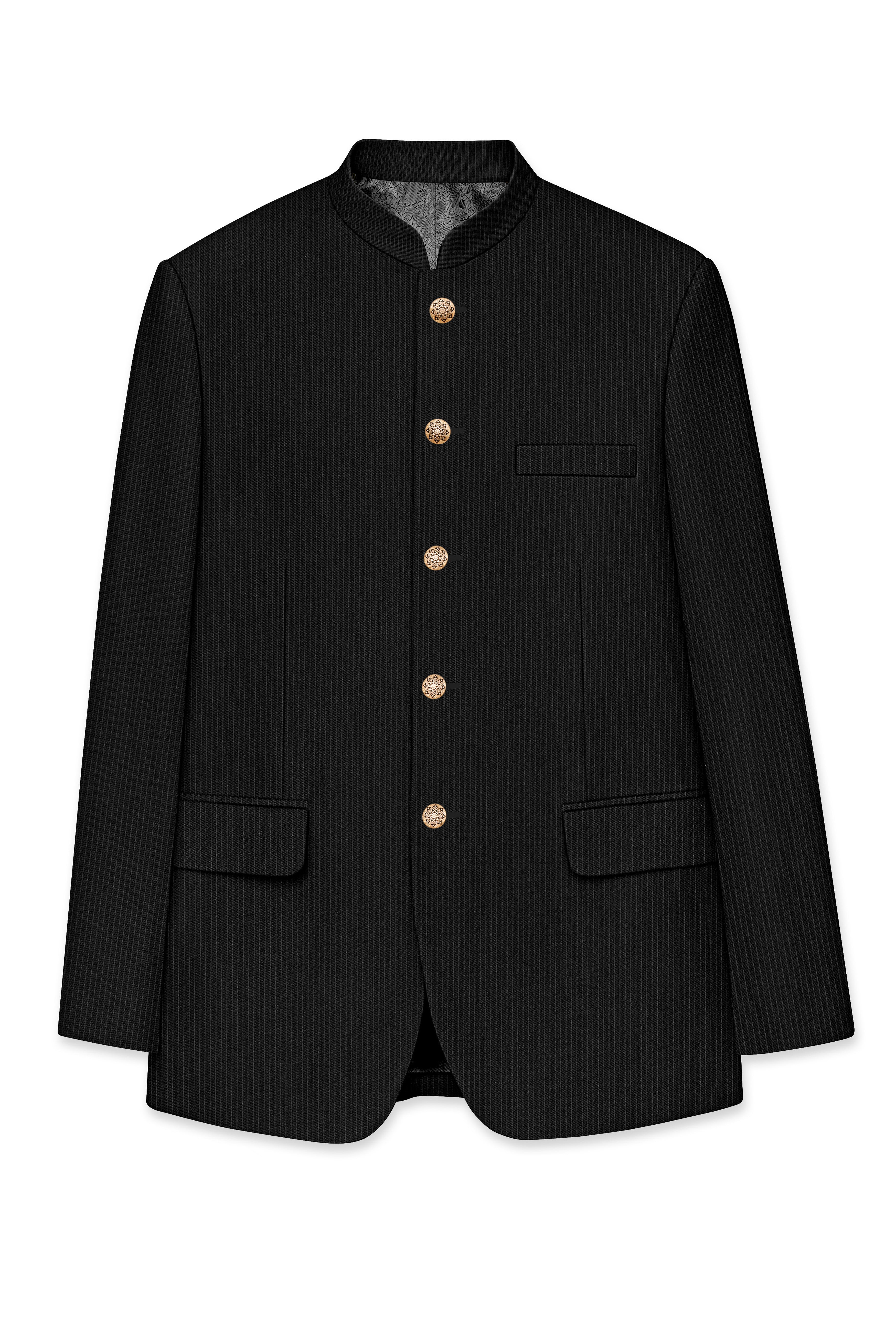 Aurejax-Jade Black Pencil Striped Wool Rich Bandhgala Slight Stretch Blazer