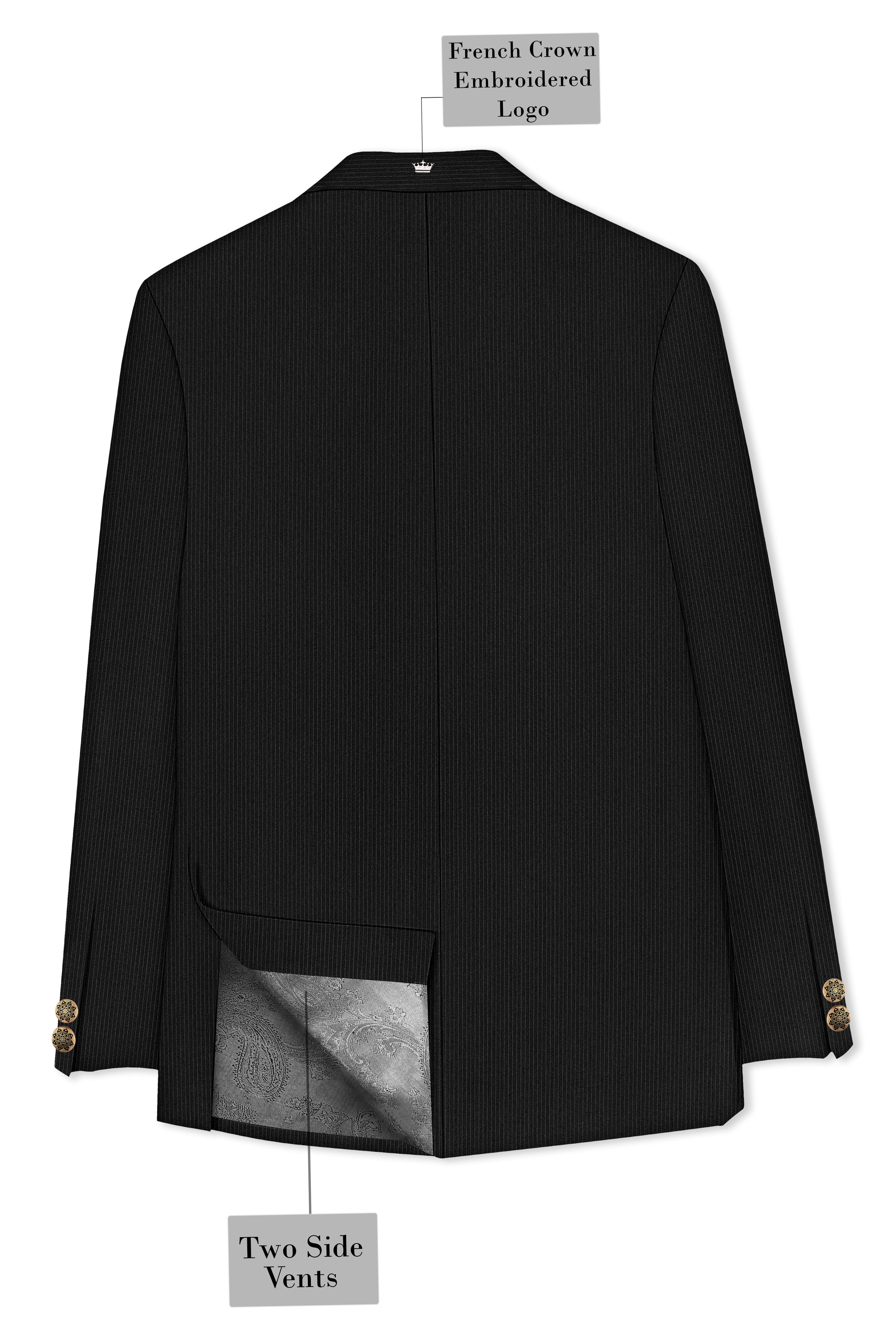 Aurejax-Jade Black Pencil Striped Wool Rich Bandhgala Slight Stretch Blazer