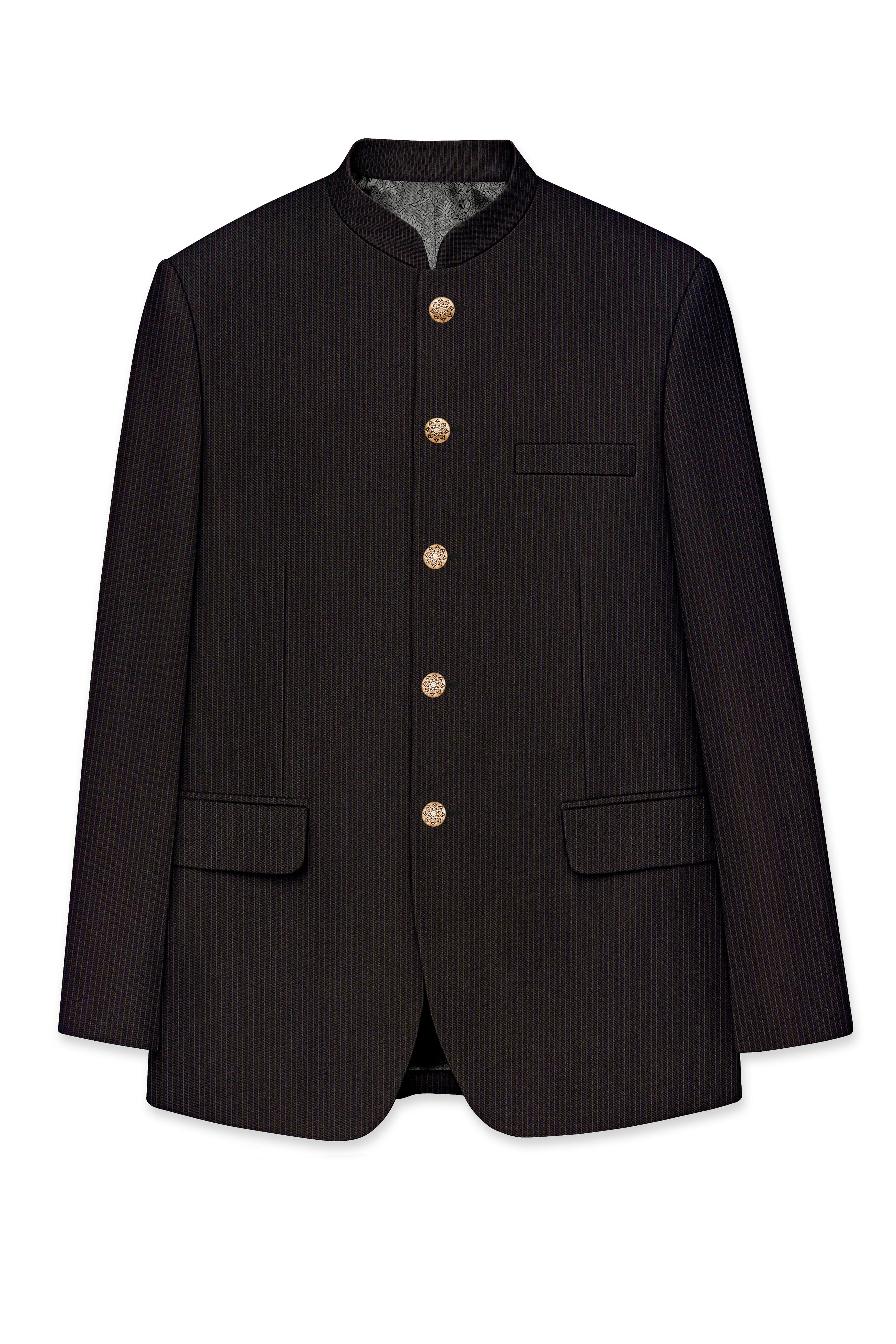 Imperio-Umber Brown Pencil Striped Wool Rich Bandhgala Slight Stretch Blazer