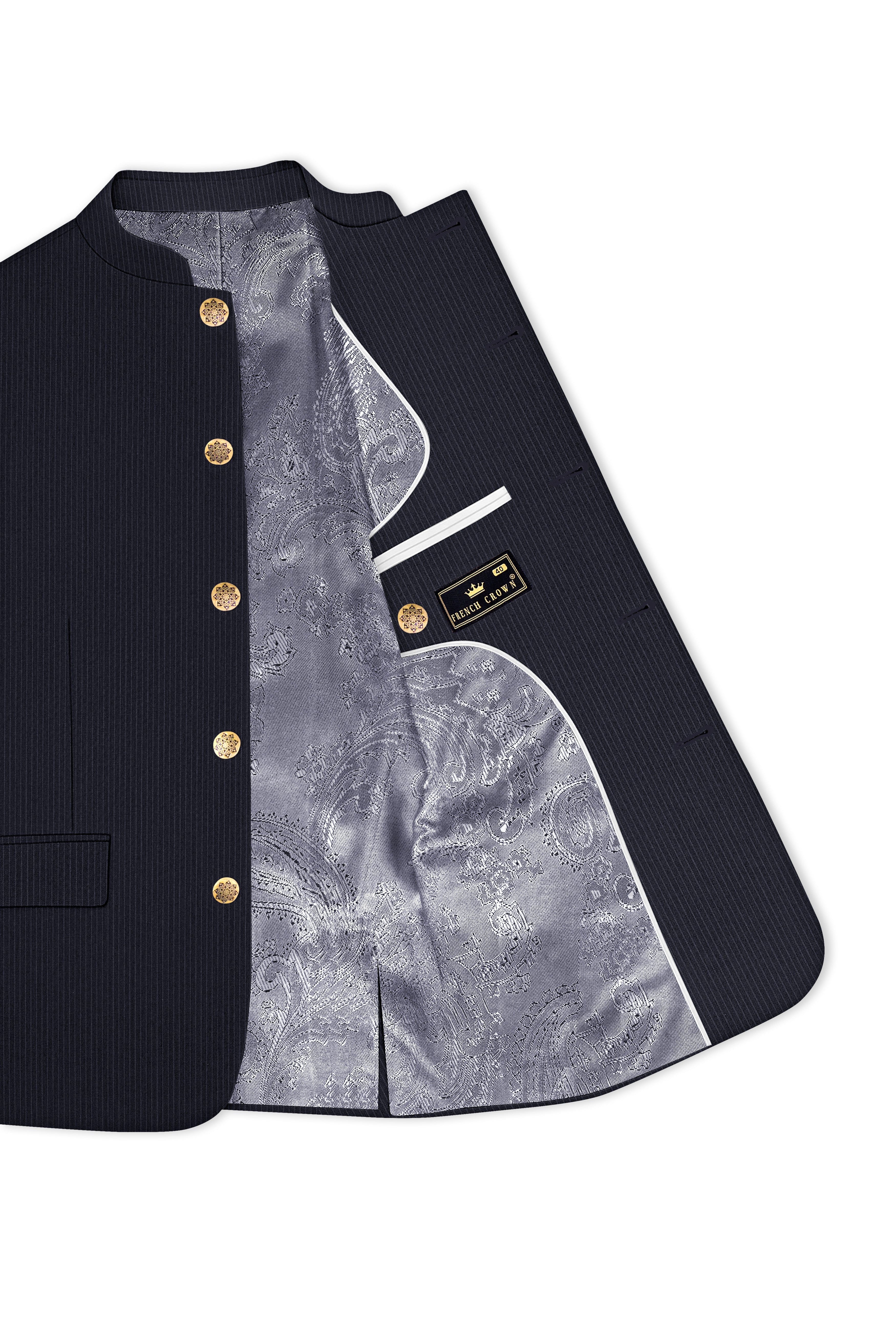 Cosmire-Space Blue Pencil Striped Wool Rich Bandhgala Slight Stretch Blazer