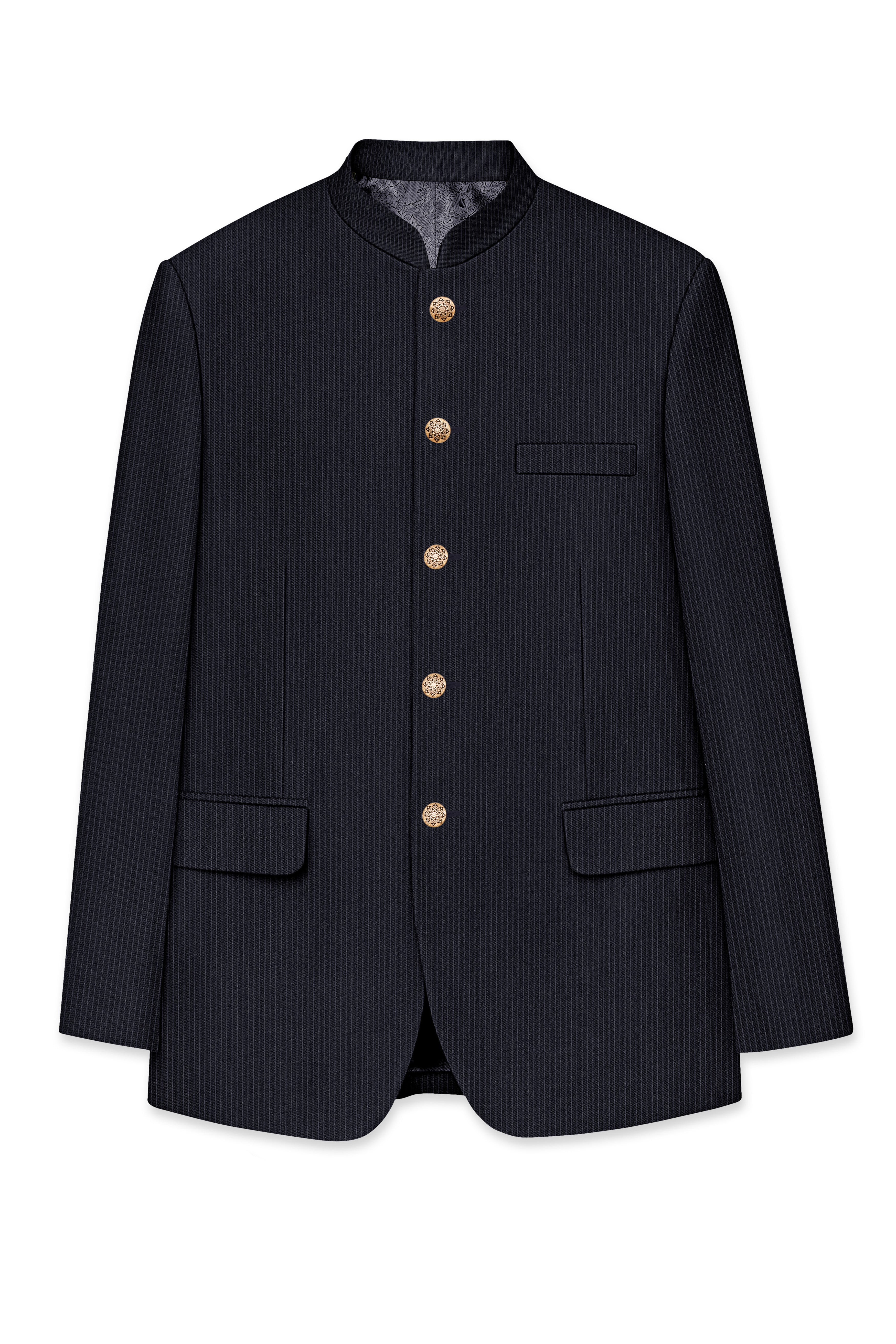 Cosmire-Space Blue Pencil Striped Wool Rich Bandhgala Slight Stretch Blazer