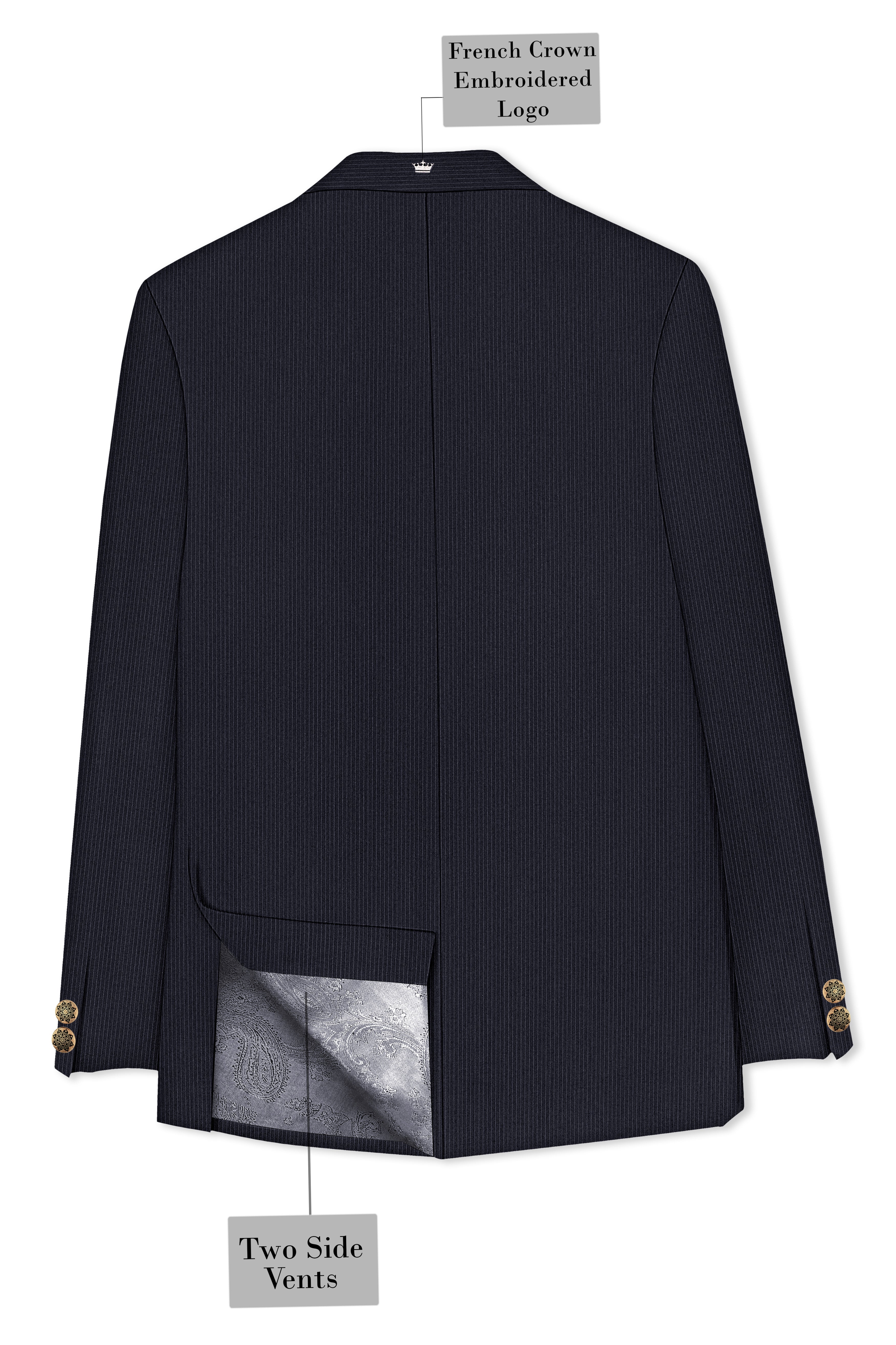 Cosmire-Space Blue Pencil Striped Wool Rich Bandhgala Slight Stretch Blazer