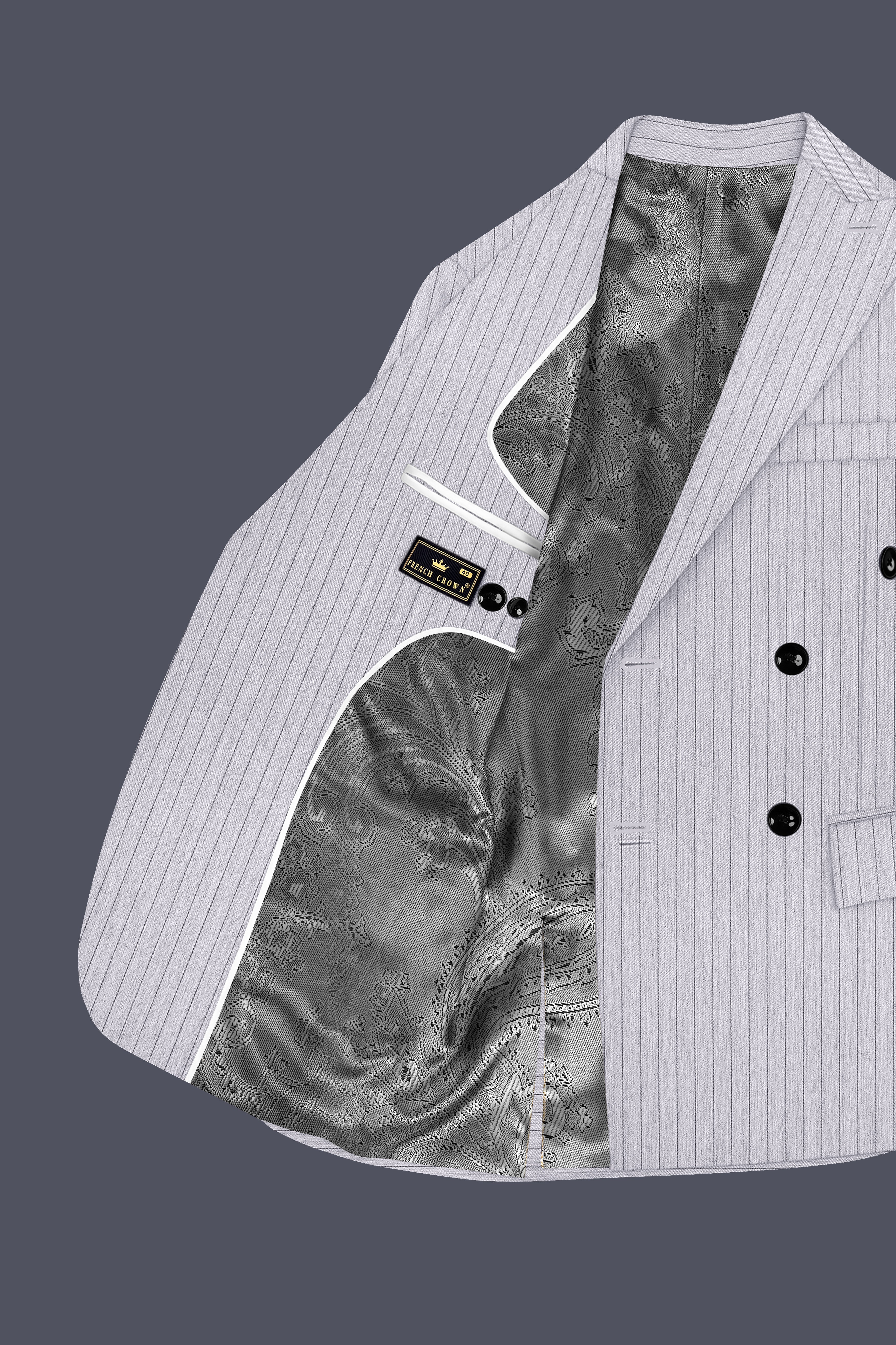 Grisvoro-Sterling Gray Pin Striped Wool Rich Slight Stretch Double Breasted Blazer