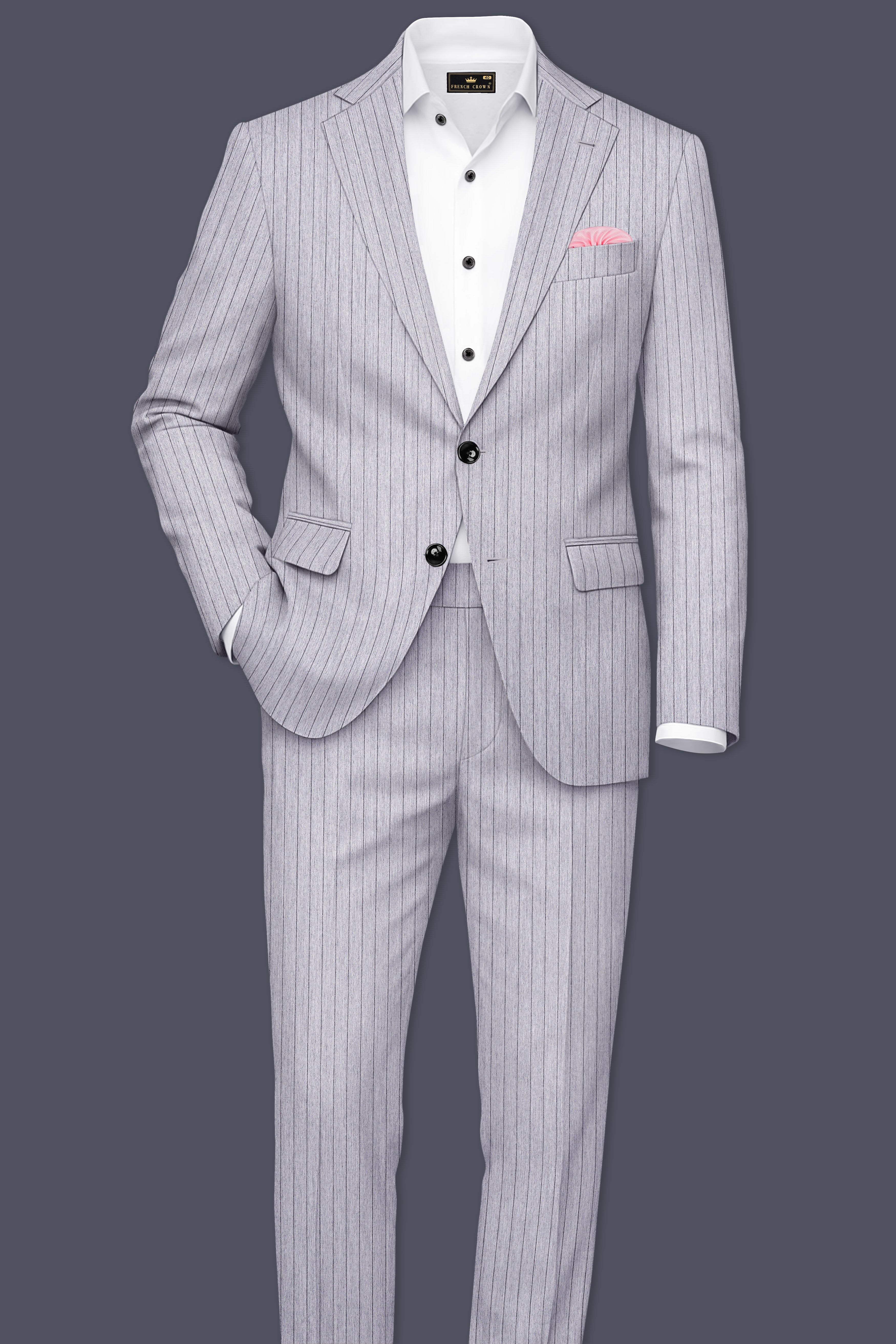 Grisvoro-Sterling Gray Pin Striped Wool Rich Slight Stretch Single Breasted Blazer