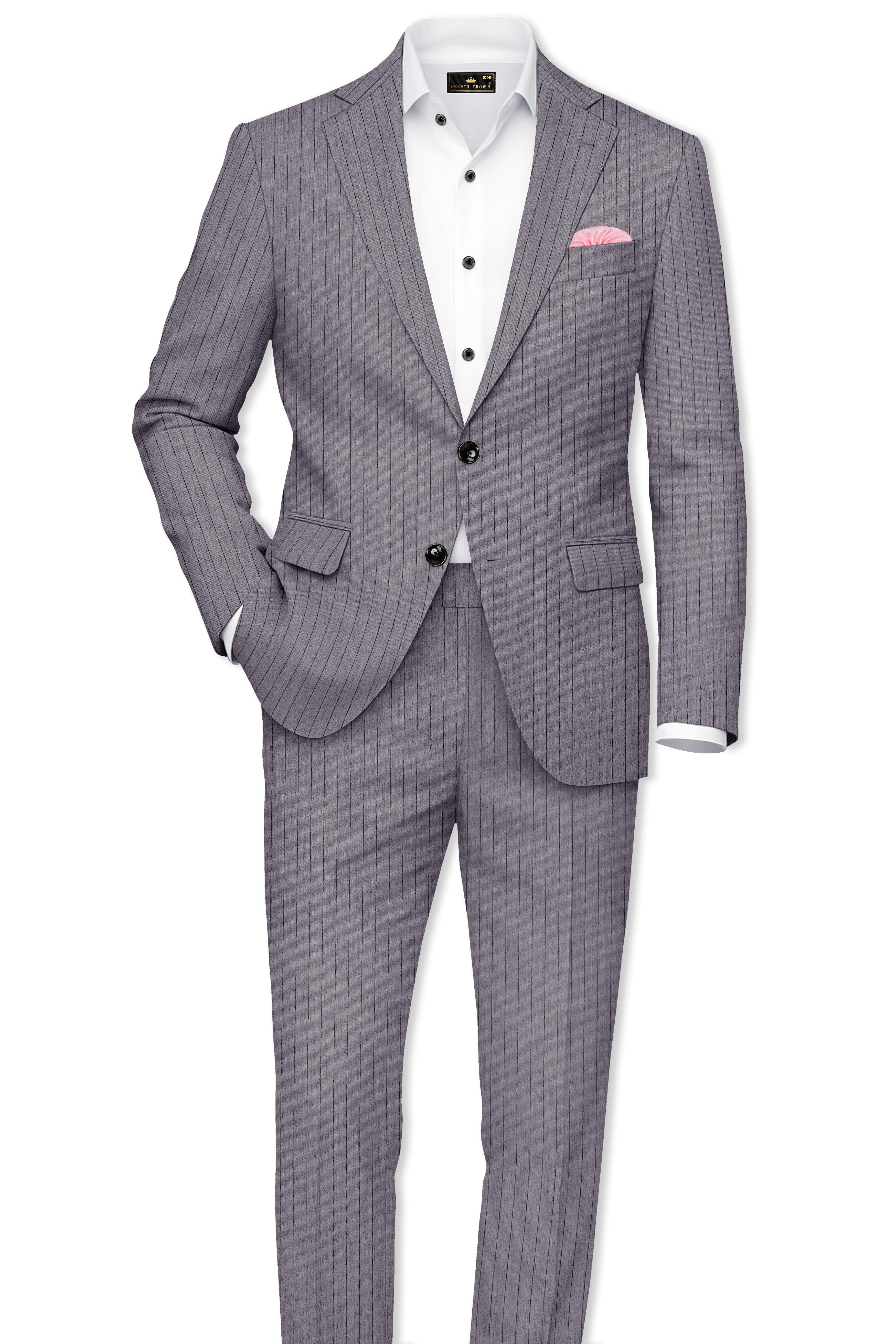 Velmoro-Mauve Gray Pin Striped Wool Rich Slight Stretch Single Breasted Blazer