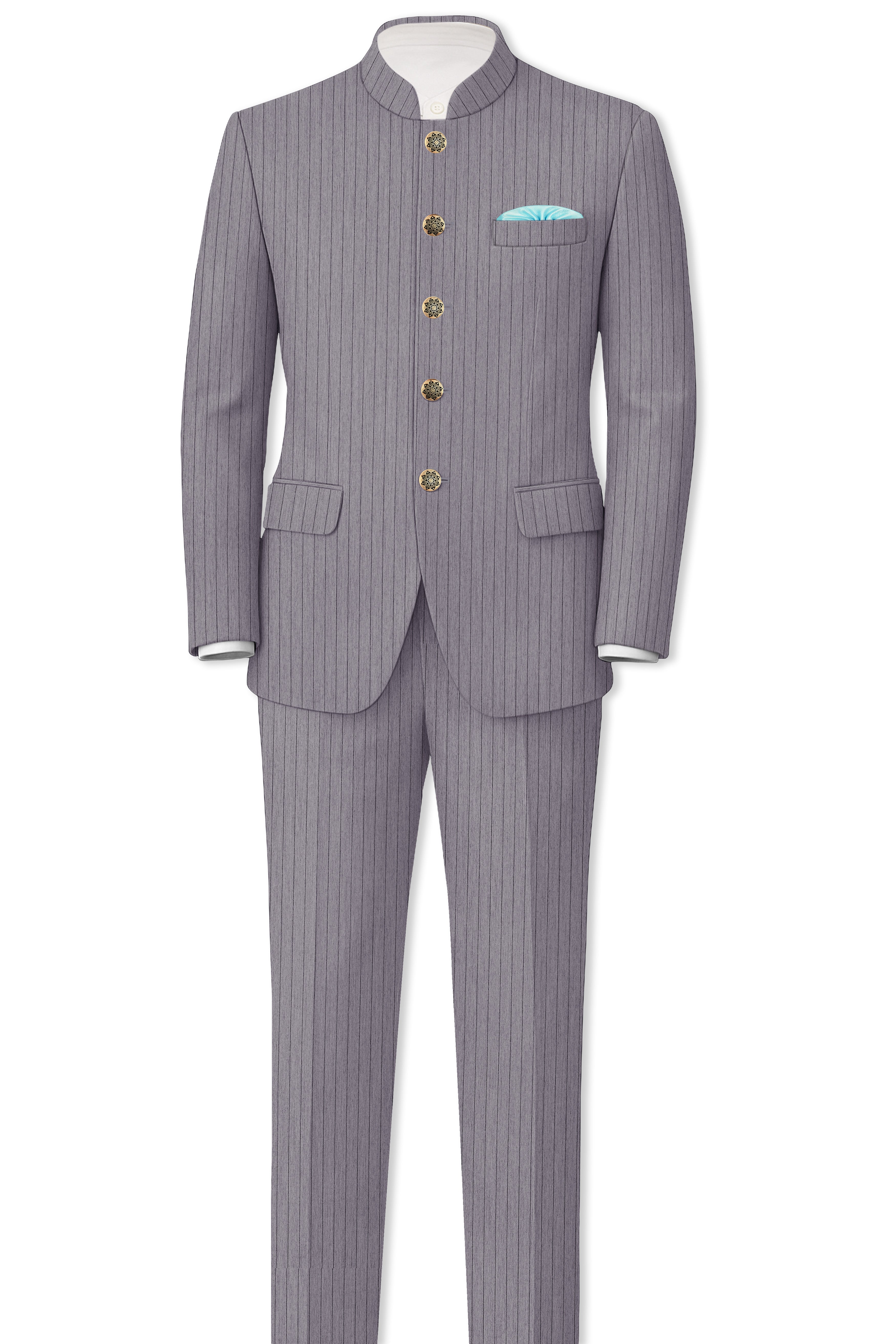 Velmoro-Mauve Gray Pin Striped Wool Rich Slight Stretch Bandhgala Blazer