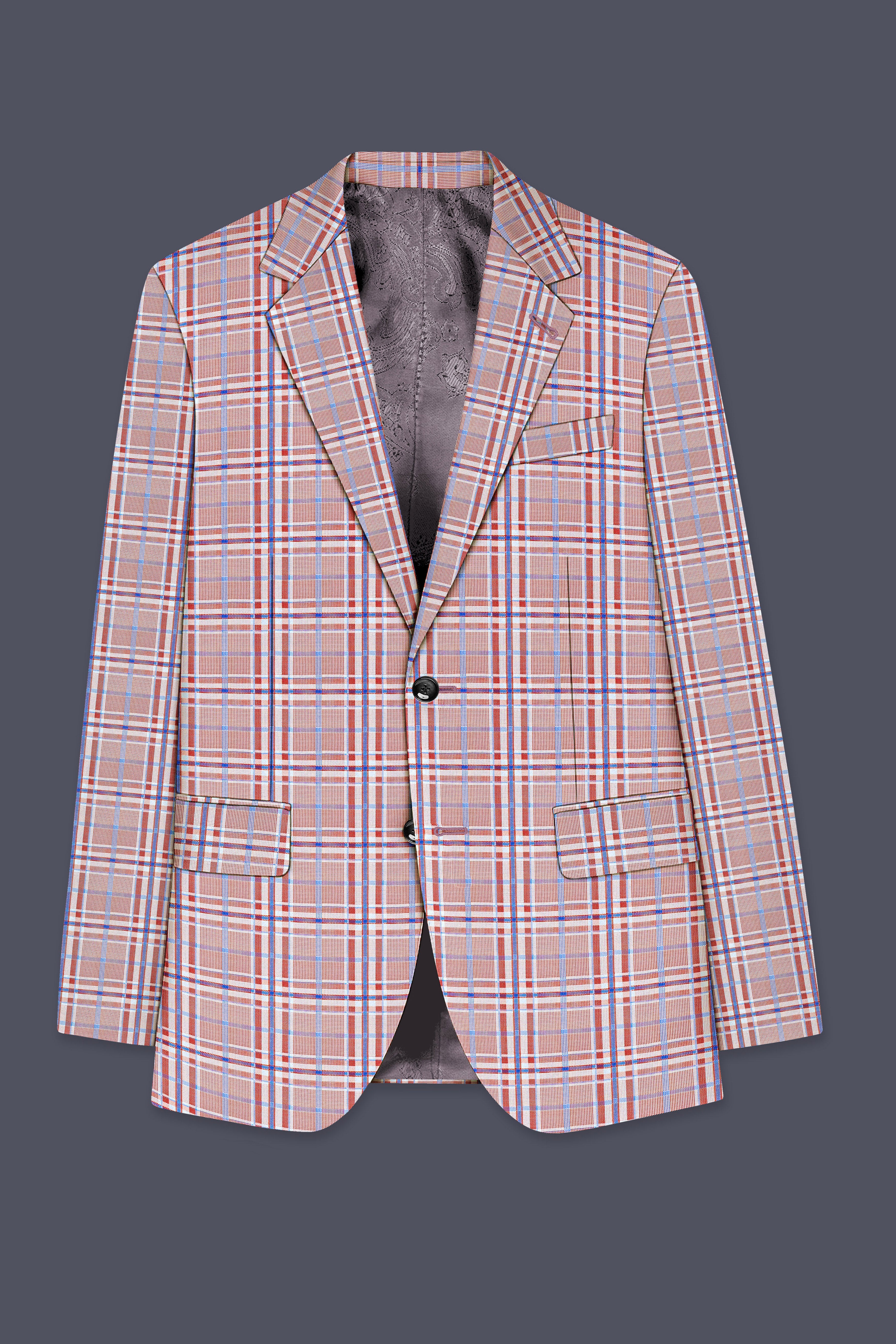 Velour-Turkish Rose Pink And Wild Blue Plaid Wool Rich Single Breasted Blazer