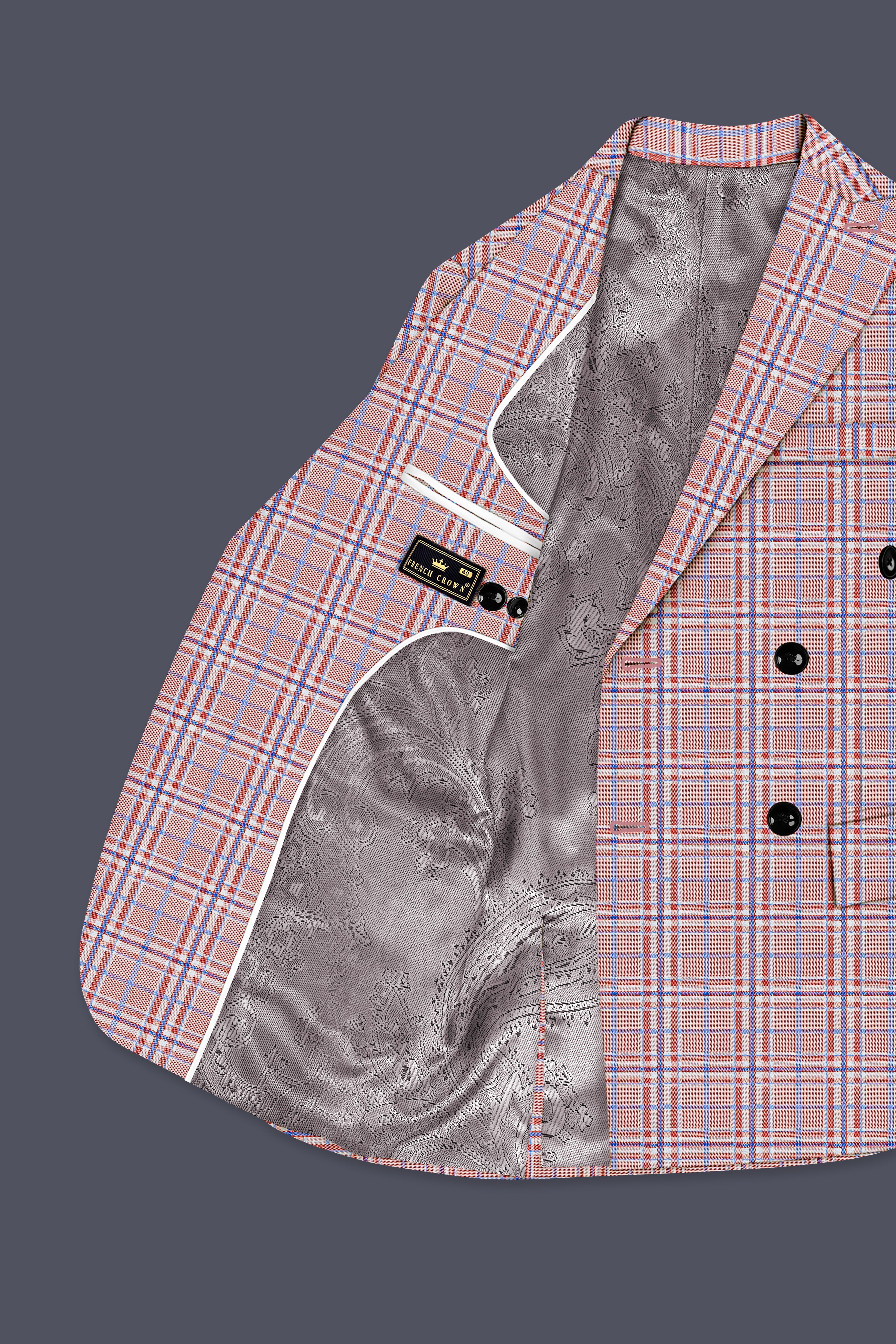 Velour-Turkish Rose Pink And Wild Blue Plaid Wool Rich Double Breasted Blazer