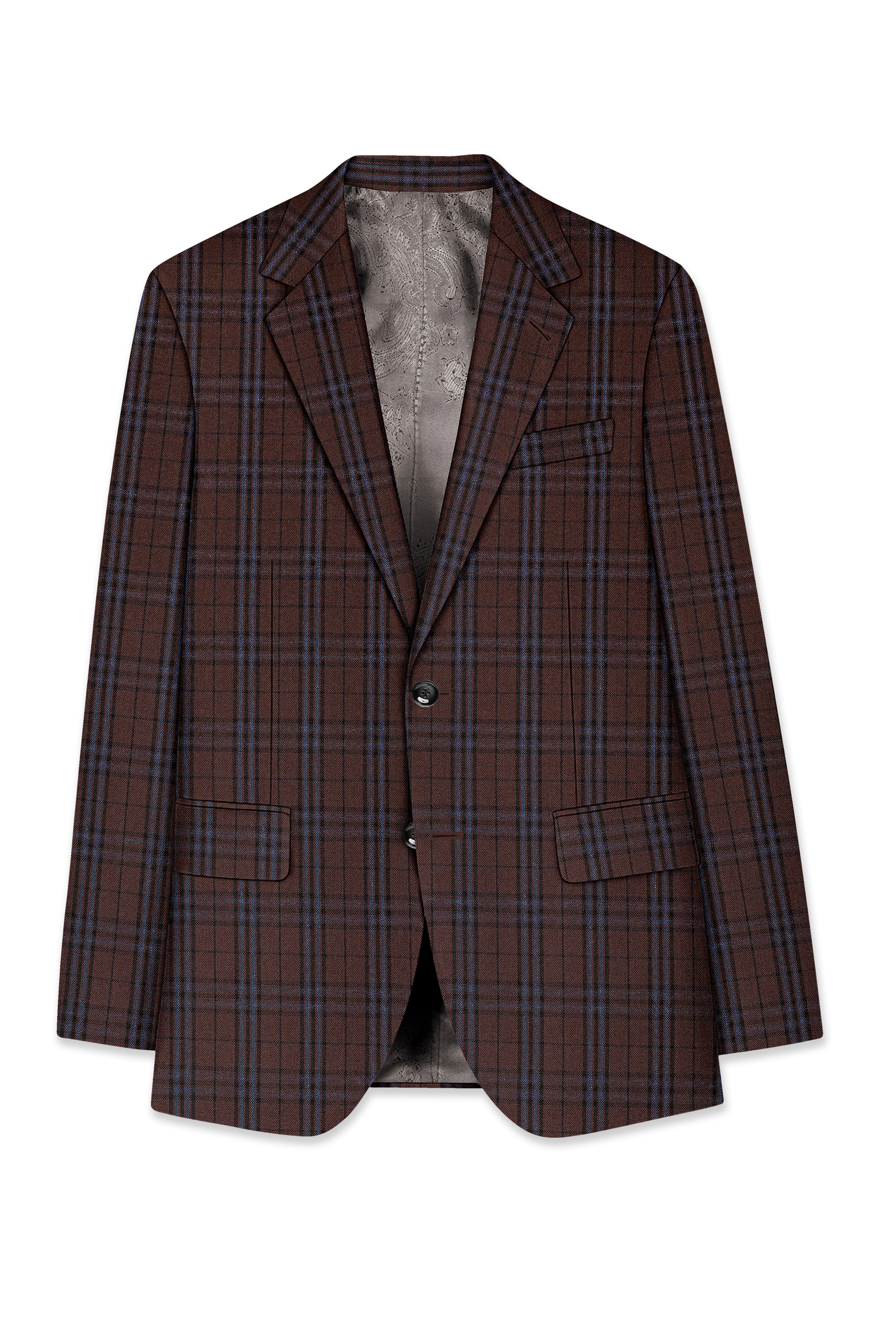 Cedar-Gingerbread Brown Plaid Wool Rich Single Breasted Blazer