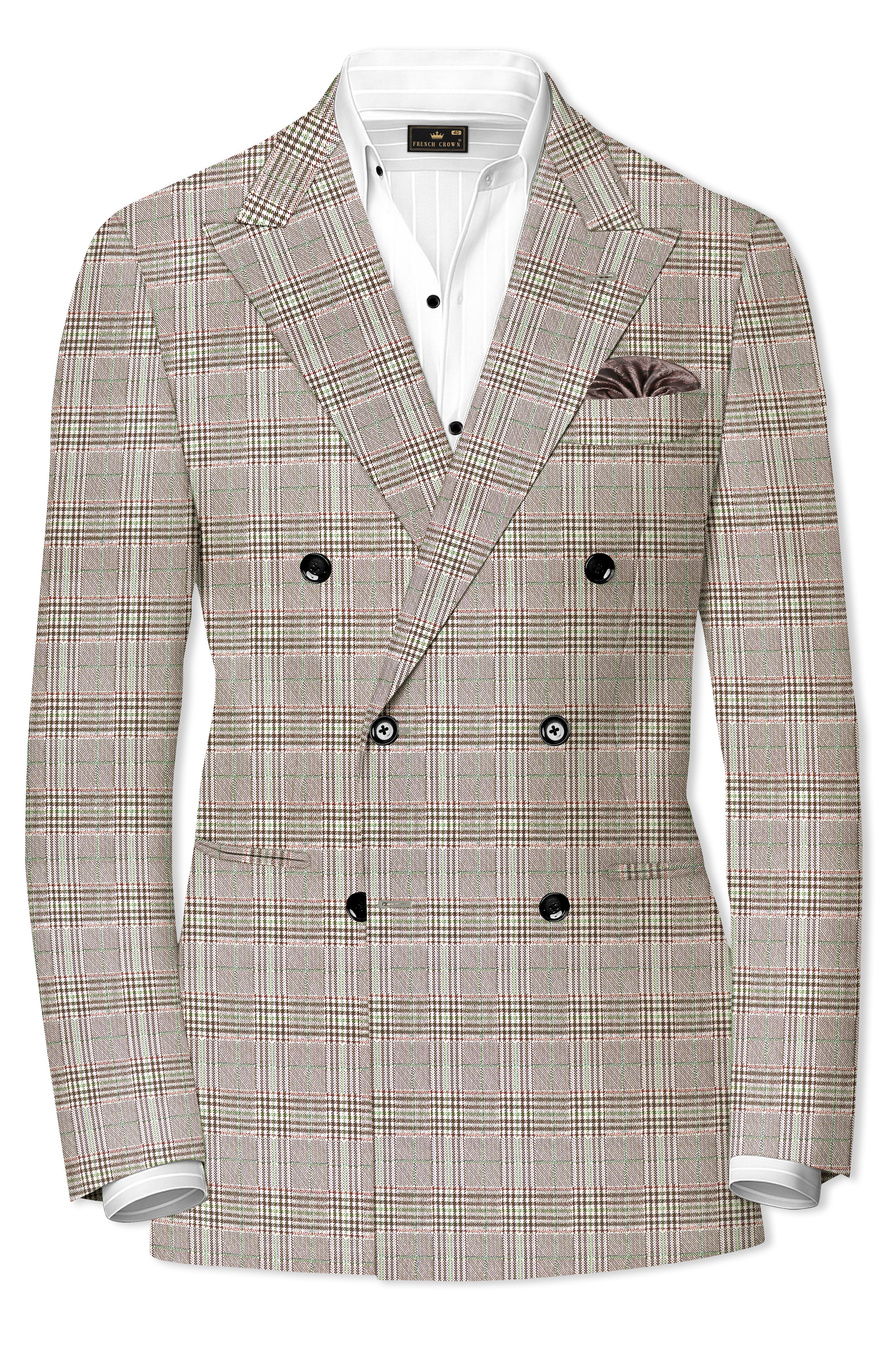 Truffle-Café Noir Brown Plaid Wool Rich Double Breasted Blazer