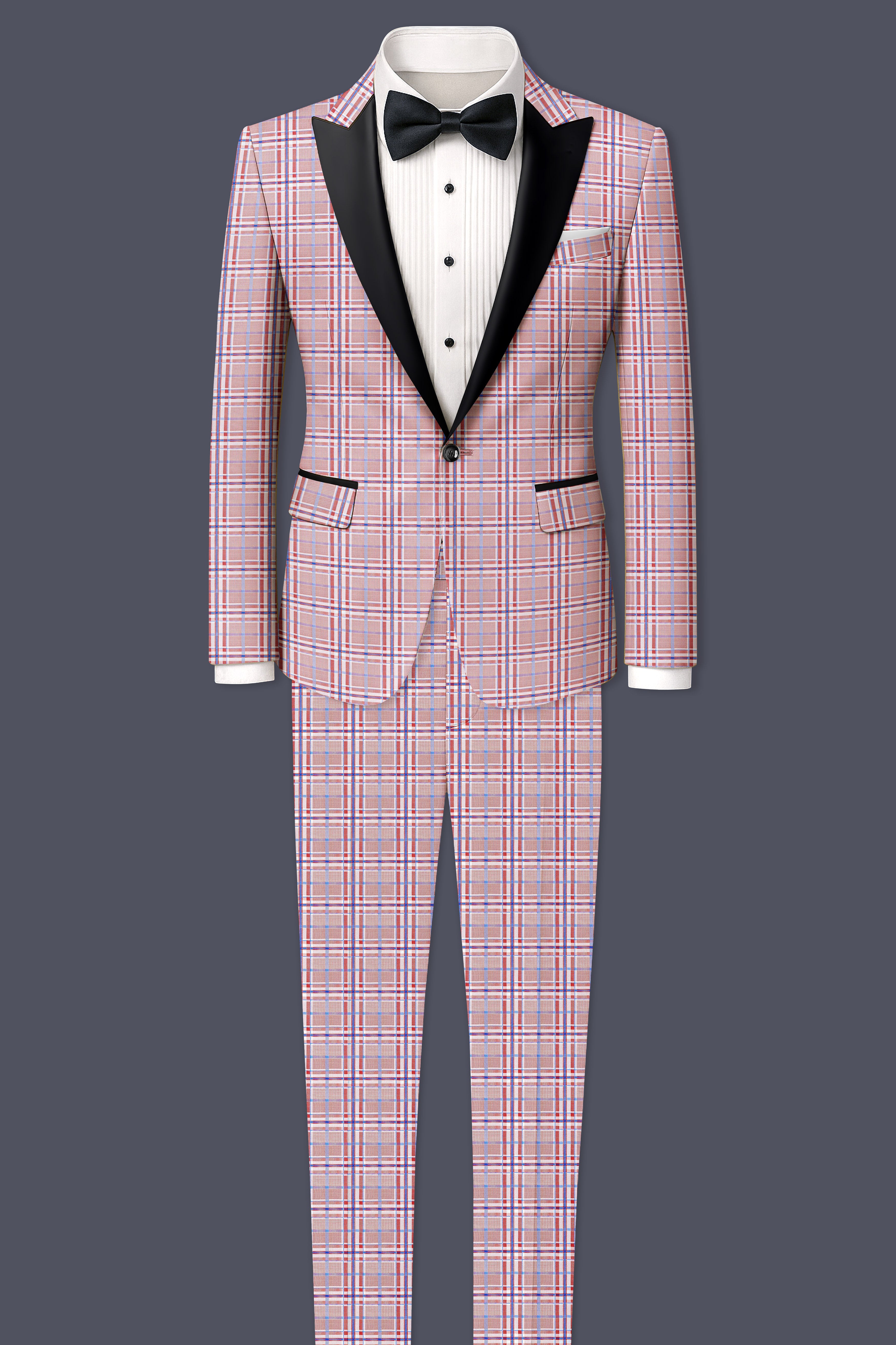 Velour-Turkish Rose Pink And Wild Blue Plaid Wool Rich Peak Lapel Tuxedo Blazer